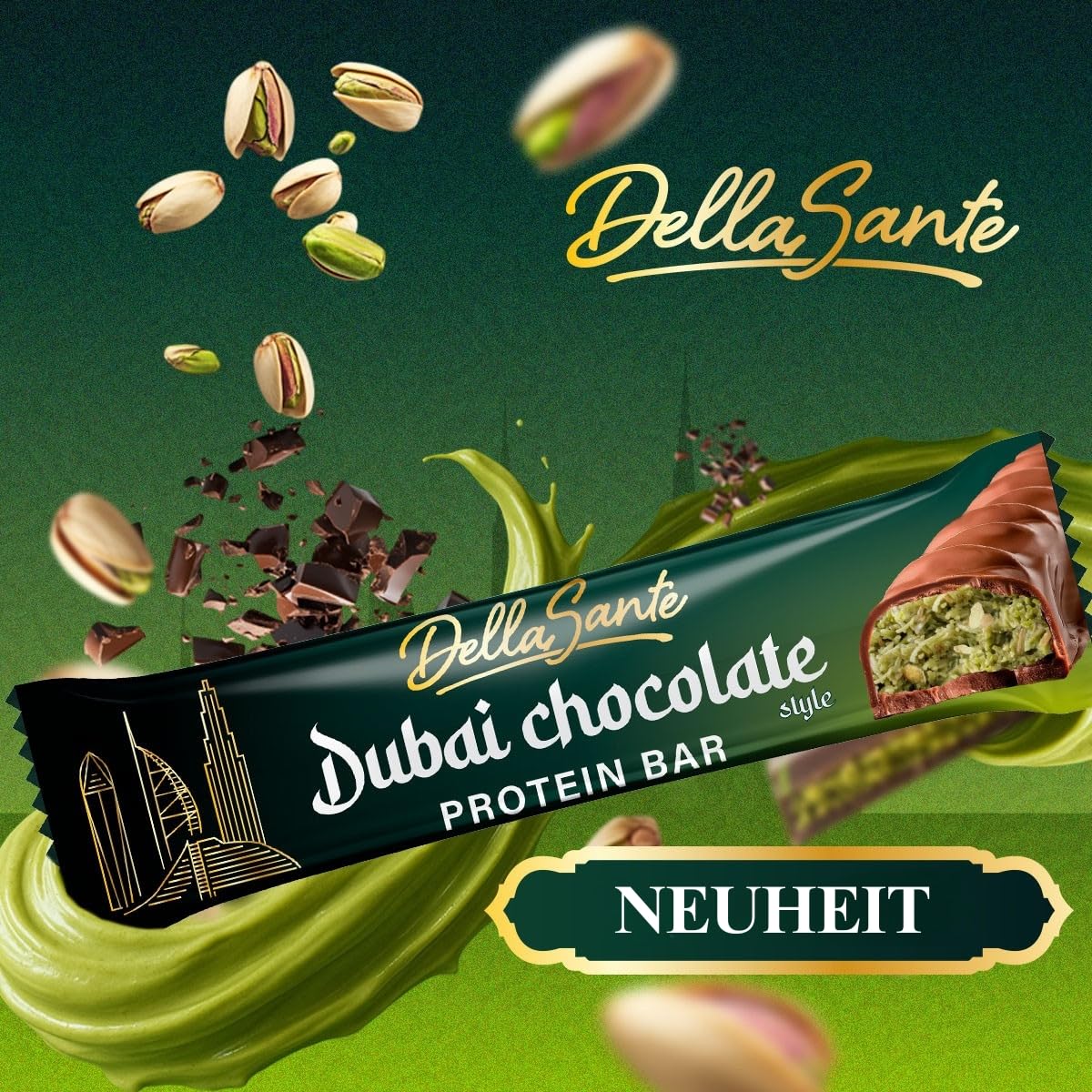 DellaSante – Protein Riegel Pistazie in Milchschokolade, 24x45g, Eiweißriegel für Sport & Fitness, Ohne Palmöl, Kadayif-Crunch Protein Bar