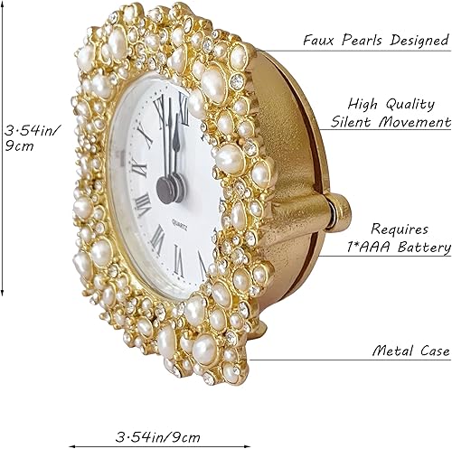 Miniatura 2 de Silent Mini reloj de mesa analógico vintage con cuerpo de metal de perlas sintéticas y núcleo sin tictac funciona con pilas para estante,
