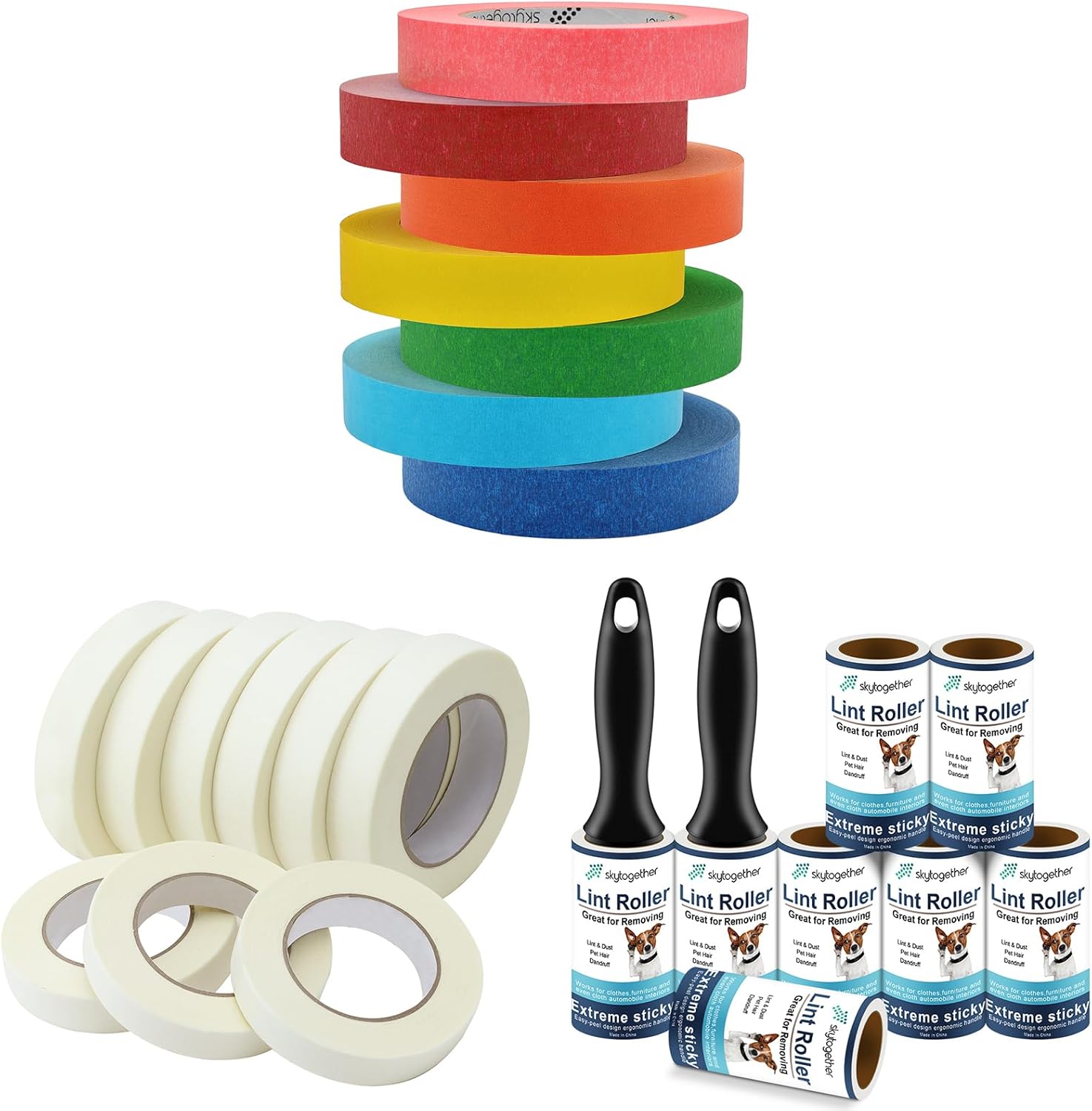 Ultimate Home Essentials Bundle：skytogether Colored Masking Tape 1 Inch Wide 7 Rolls, Beige Masking Tape 0.94 Inch Wide 9 Rolls and Lint Rollers for Pet Hair Extra Sticky Bundle