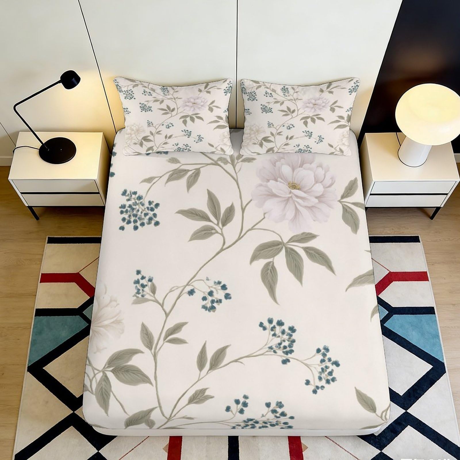 3D Printed Peony Blossom Fitted Sheet Microfiber Soft Botanical Floral Mattress Cover for Bedroom Guest Room Decor 90x200x25cm