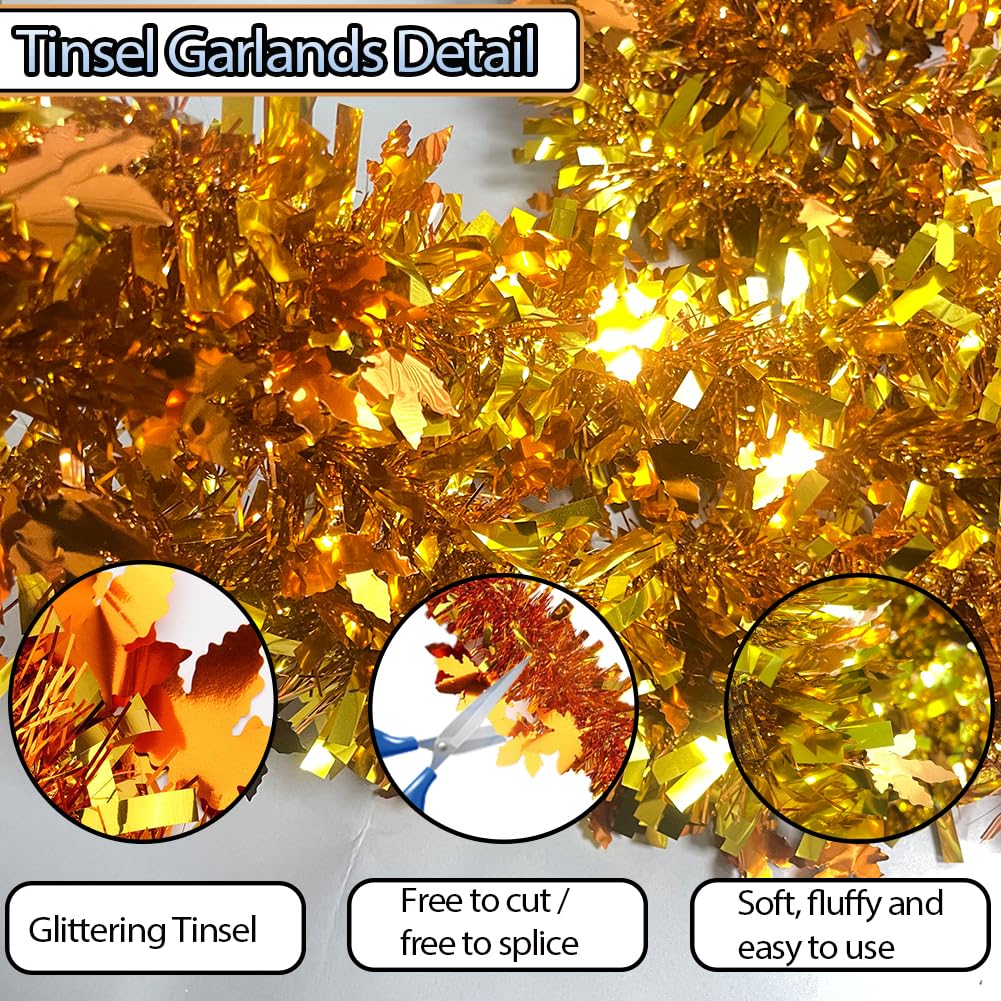 Guirnalda de oropel de Acción de Gracias – Guirnalda de otoño metálica brillante de 66 pies con purpurina para colgar decoraciones colgantes para fiestas de Acción de Gracias, suministros de