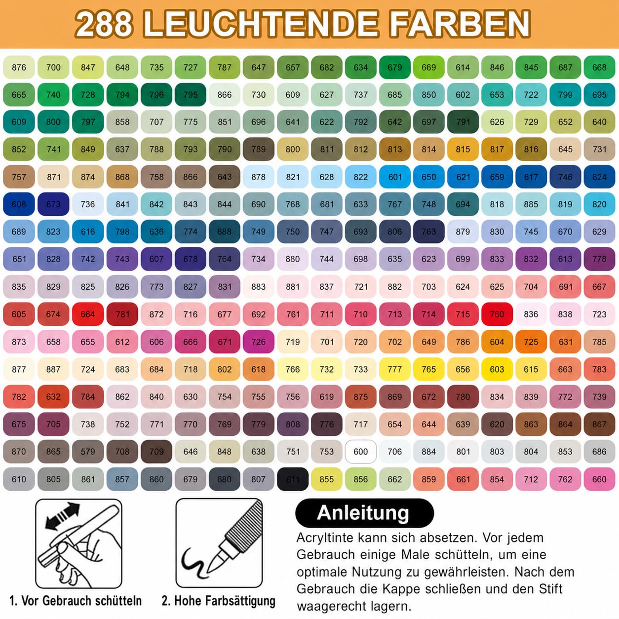 Melifluo 288 Acrylstifte Wasserfest – Acrylmarker mit Pinselspitze 1–6 mm & Direktfluss, Wischfest & Wetterfest – Acryl Stifte für Steine, Glas, Holz, Keramik, Stoff & Leinwand – Künstlerset