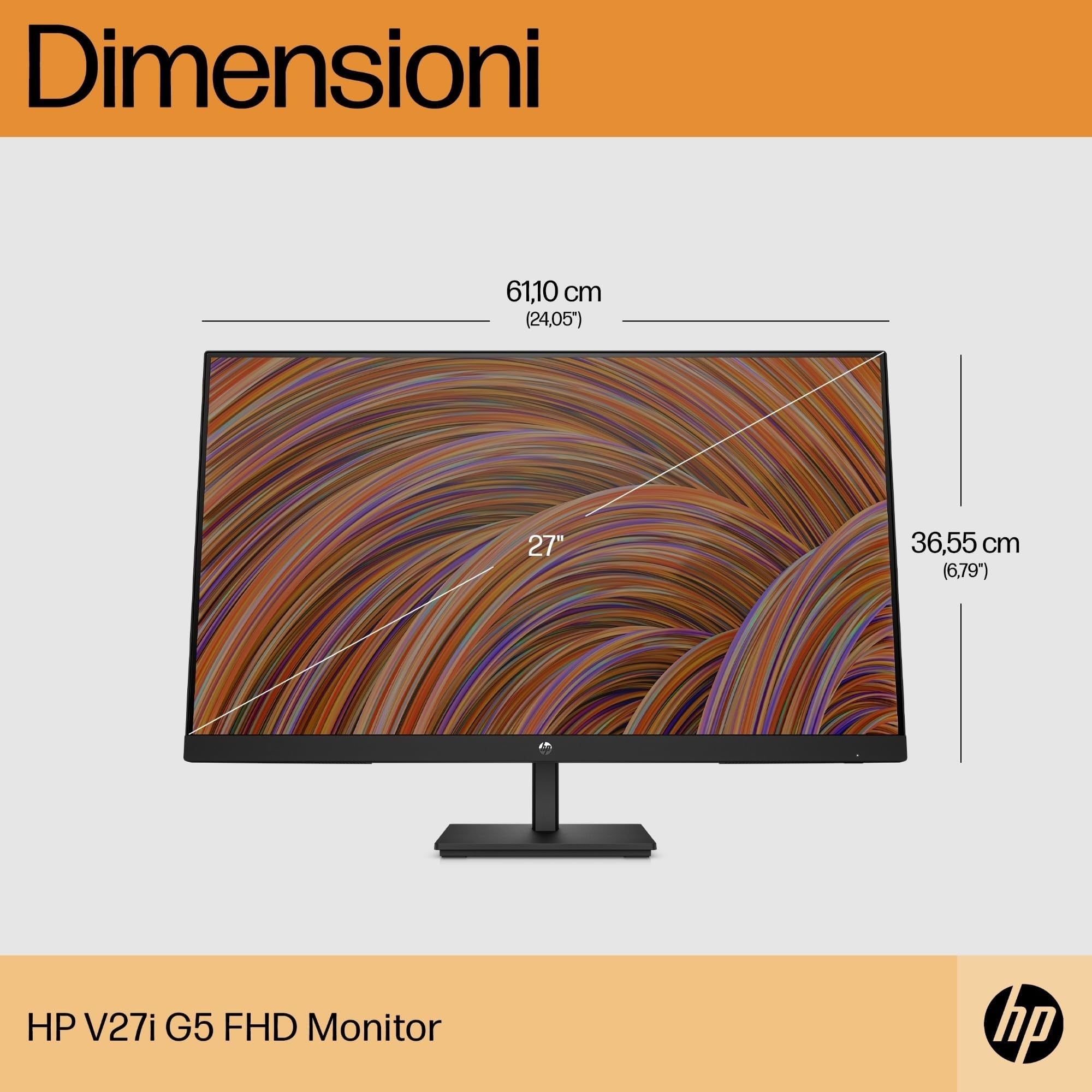 HP V27i G5 Monitor da 27 Pollici, FHD, 16:9, Antiriflesso, Pannello IPS da 75Hz, Tempo Risposta 5 ms, Inclinabile, VESA 10x10 cm, AMD FreeSync, 250 Nits, Low Blue Light, Nero
