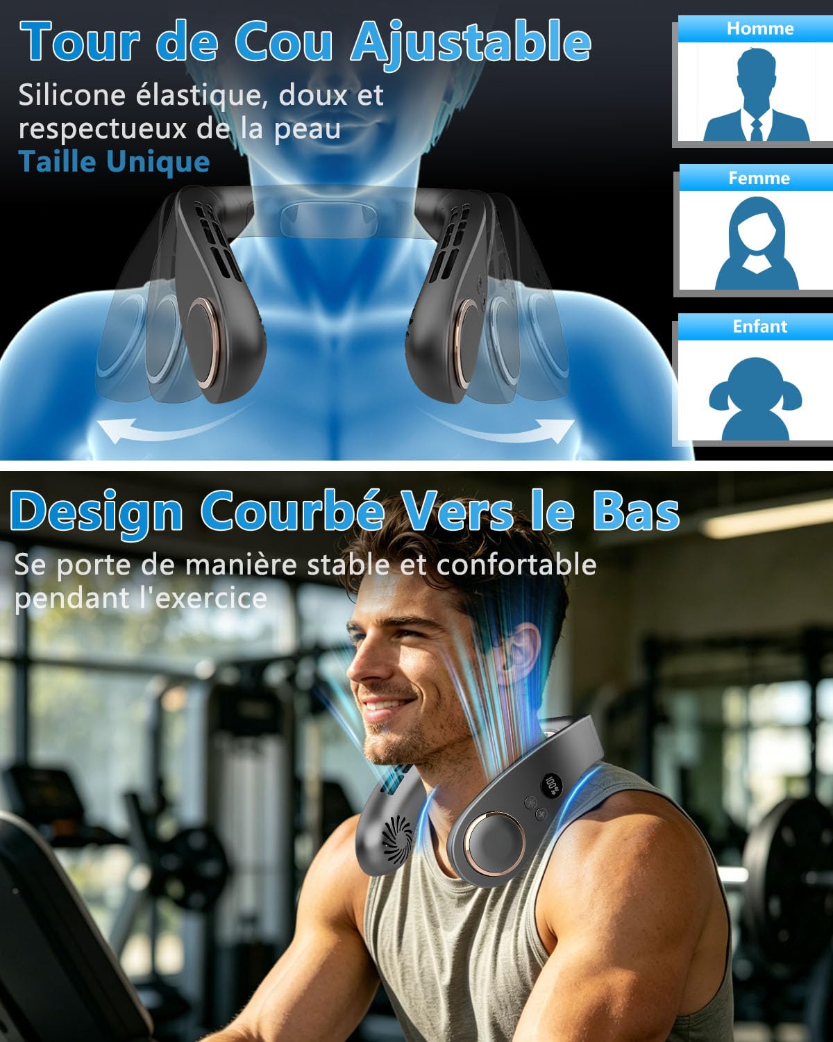 Kouric Ventilateur de Cou Climatiseur Mobile, Ultra-Silencieux, Affichage LED, 3 Niveaux de Refroidissement(15℃/20℃/25℃), Batterie 5500mAh Autonomie Max 15 Heures, pour Enfant & Adulte Bureau Voyage