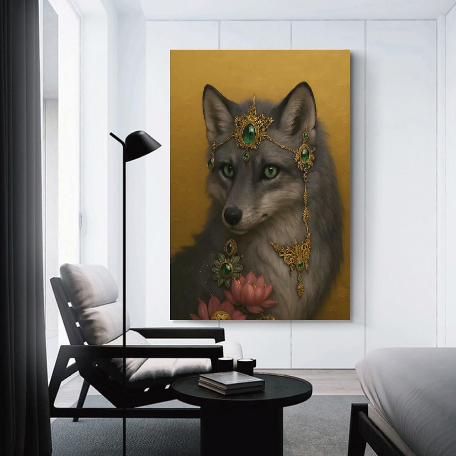 Junmoney Unframe-Style-14 Fox With Emerald And Gold Jewelry Hanging Wall Art, 20X30inch(50X75cm), For New Homes, Bedrooms Or Workspaces, Thoughtful Wall Decor For Art Lovers