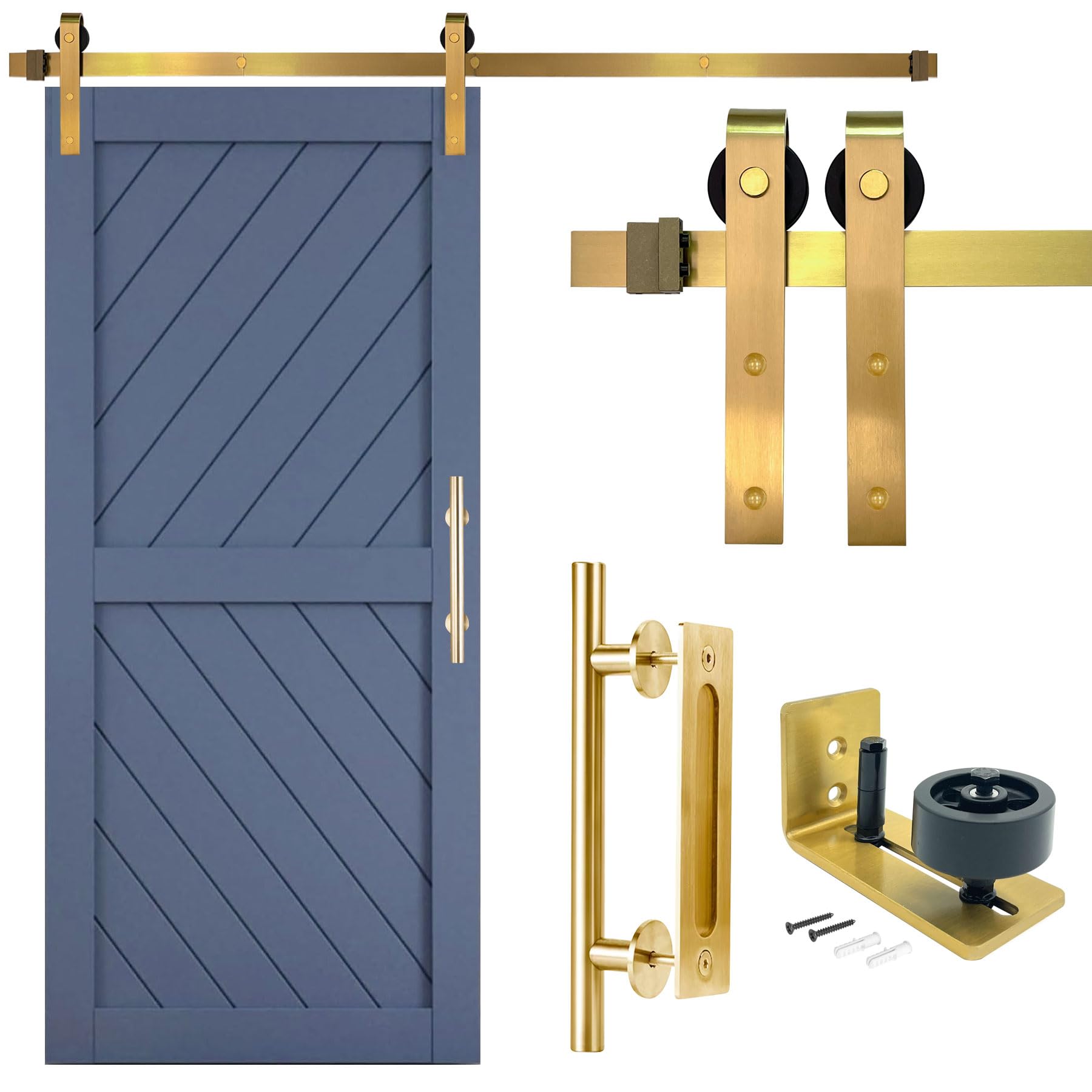 Rio Salto Gold Barn Door Hardware Kit Adjustable Length Sliding Door Hardware Modern Barn Interior Brushed Brass Panel Hardware (Hardware Kit Plus,