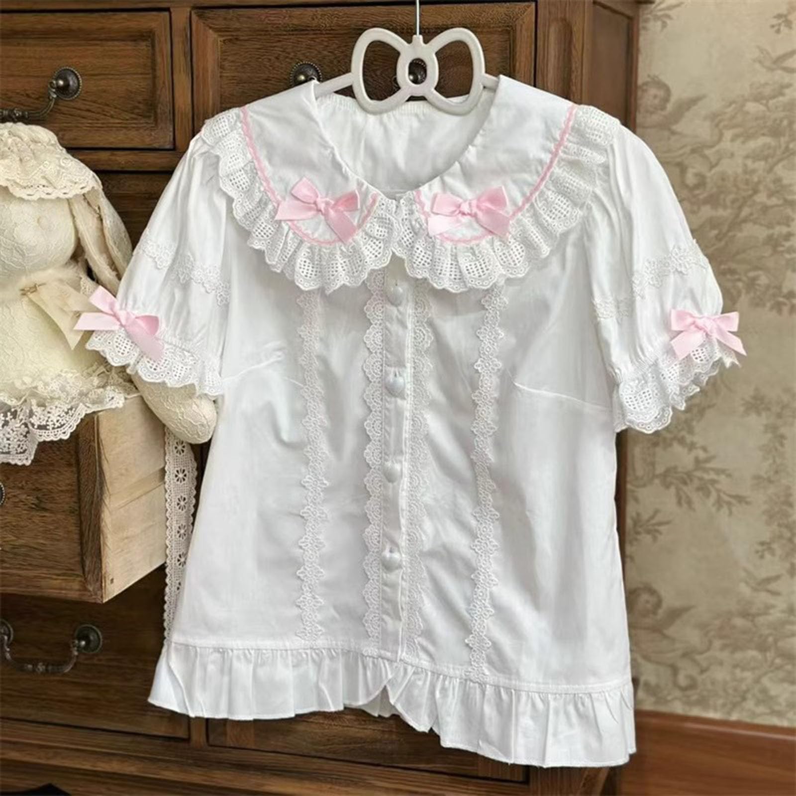 Chemisier Lolita pour femme avec col Peter Pan boutonné, style victorien, vintage, kawaii, tendance, haut d'été à manches courtes