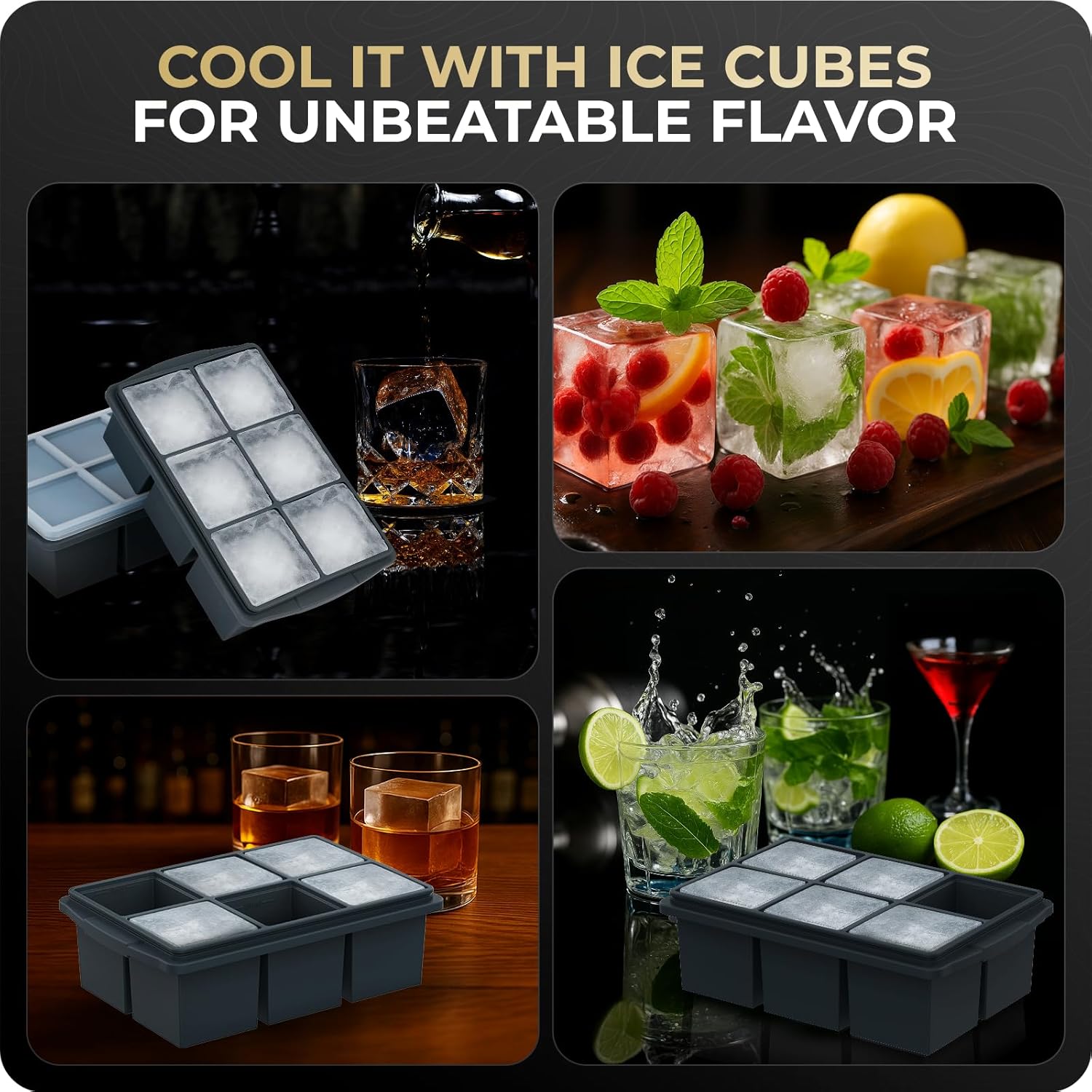 Large Ice Cube Trays for Whiskey and Silicone Freezer Tray With Lid - Silicone Freezer Molds 4-Pack For Whiskey, Cocktails, meal prep and freezing of various sauces, ideal for parties and holidays.