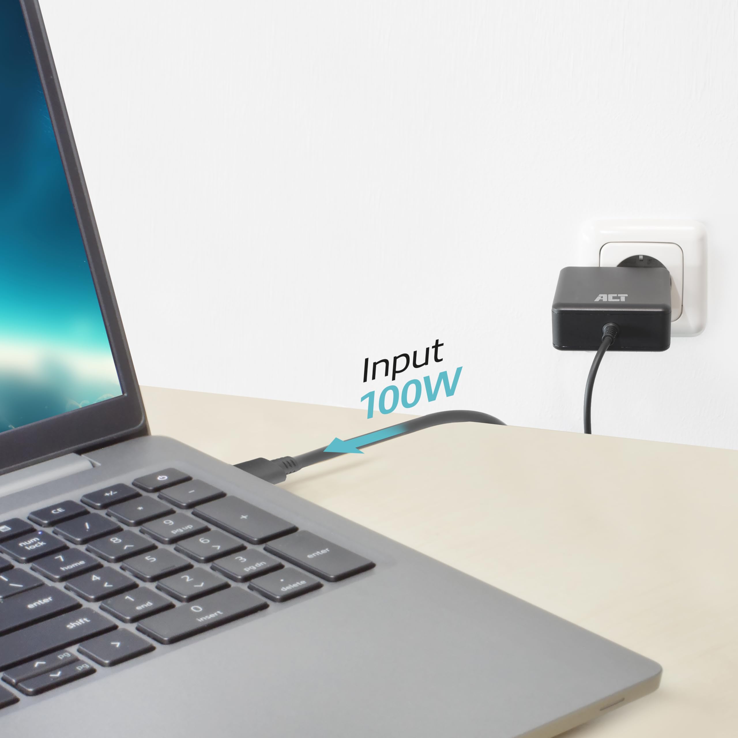 ACT Cavo di ricarica USB C per laptop, 100 W (PD 3.1/PPS) con cavo USB C fisso da 2 m, alimentatore di rete USB C per MacBook Air, Dell, HP, Lenovo, iPad, iPhone, Android (spina europea), AC2015
