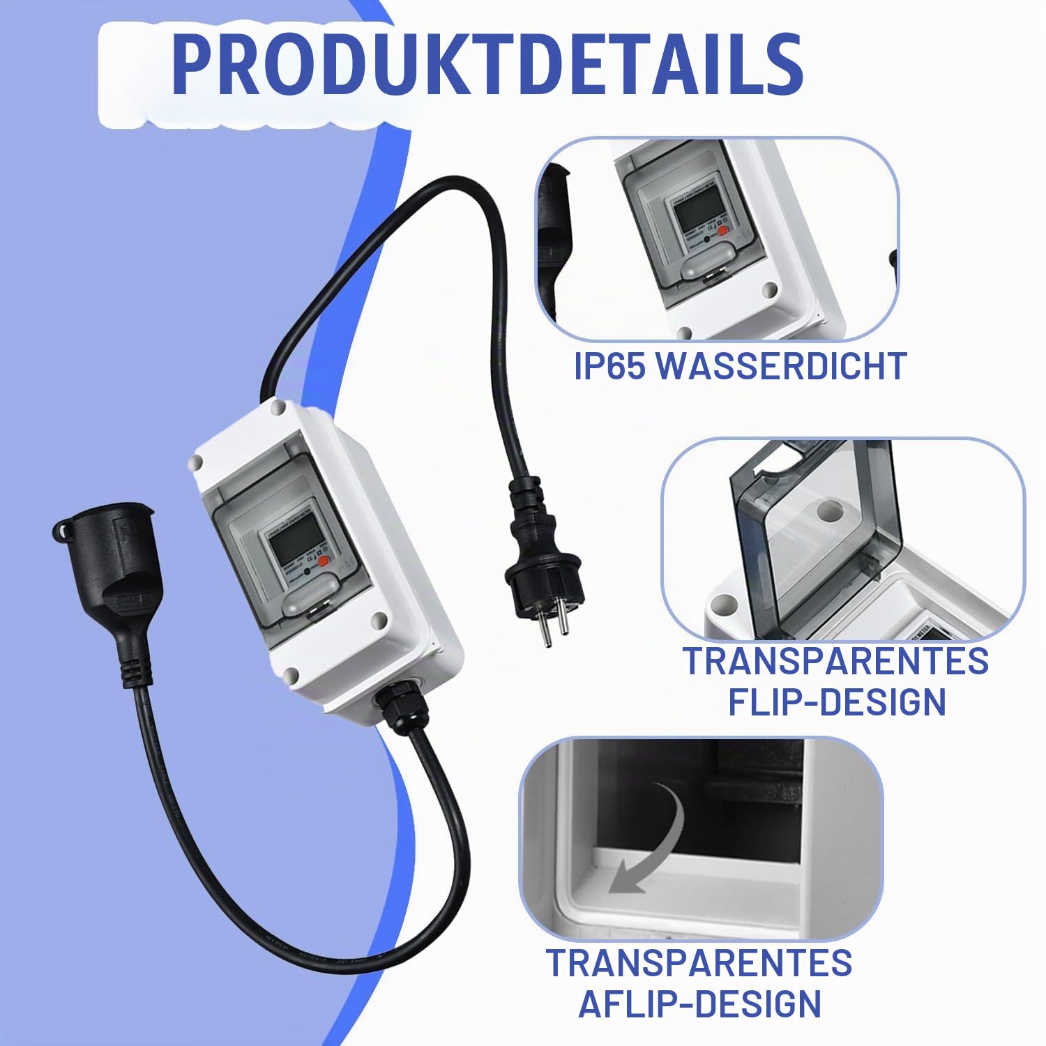 Mobiler Digitaler Stromzähler 230V mit Reset-Taste und IP65 Wasserdicht Stromzähler Steckdose für Wohnmobile, Elektrofahrzeuge und Haushalte, 1m Kabel