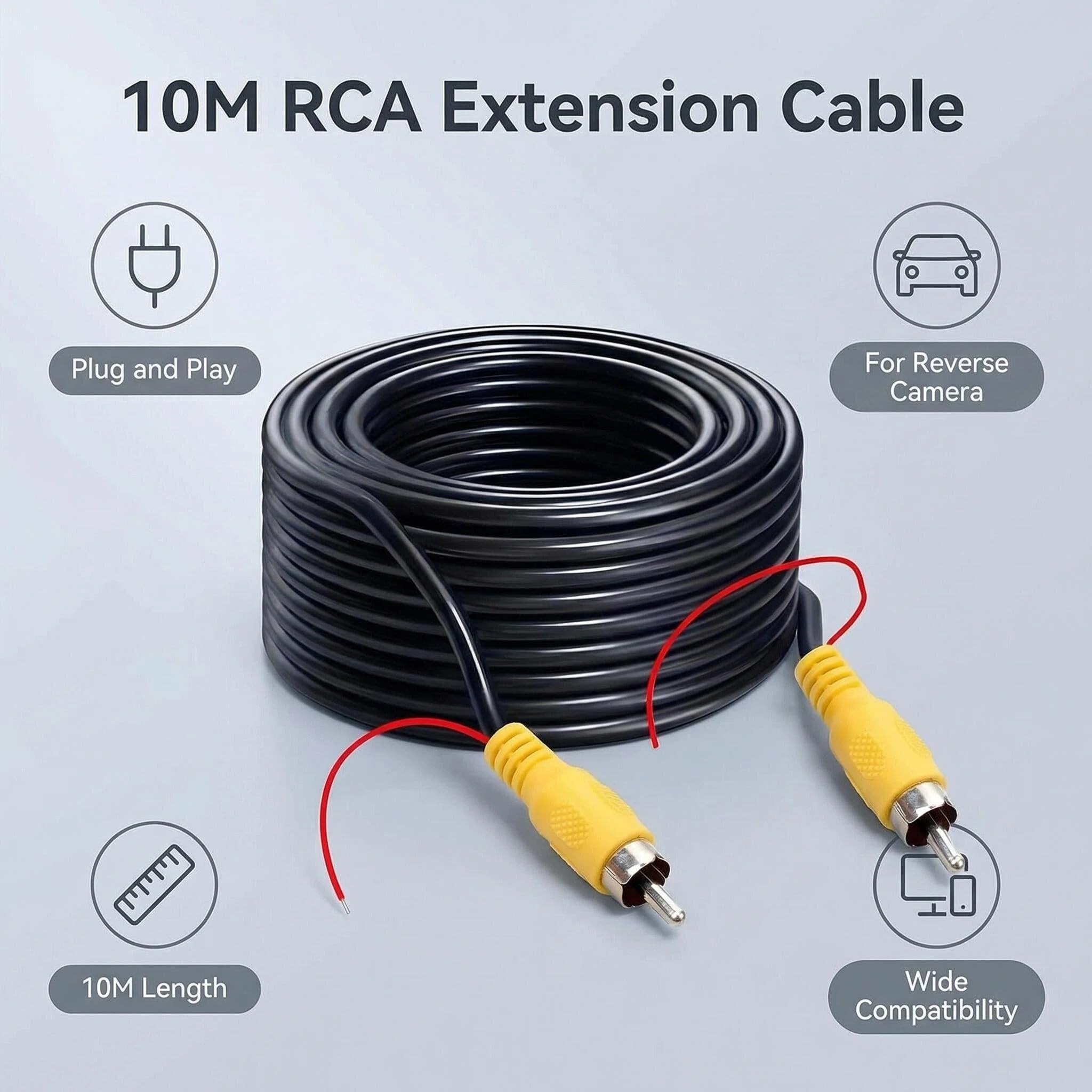 Générique Câble Vidéo RCA 10M pour Caméra de Recul, Extension AV Mâle-Mâle avec Fil de Détection, Cordon RCA Jaune pour Voiture Camion Camping-Car Moniteur TV Box