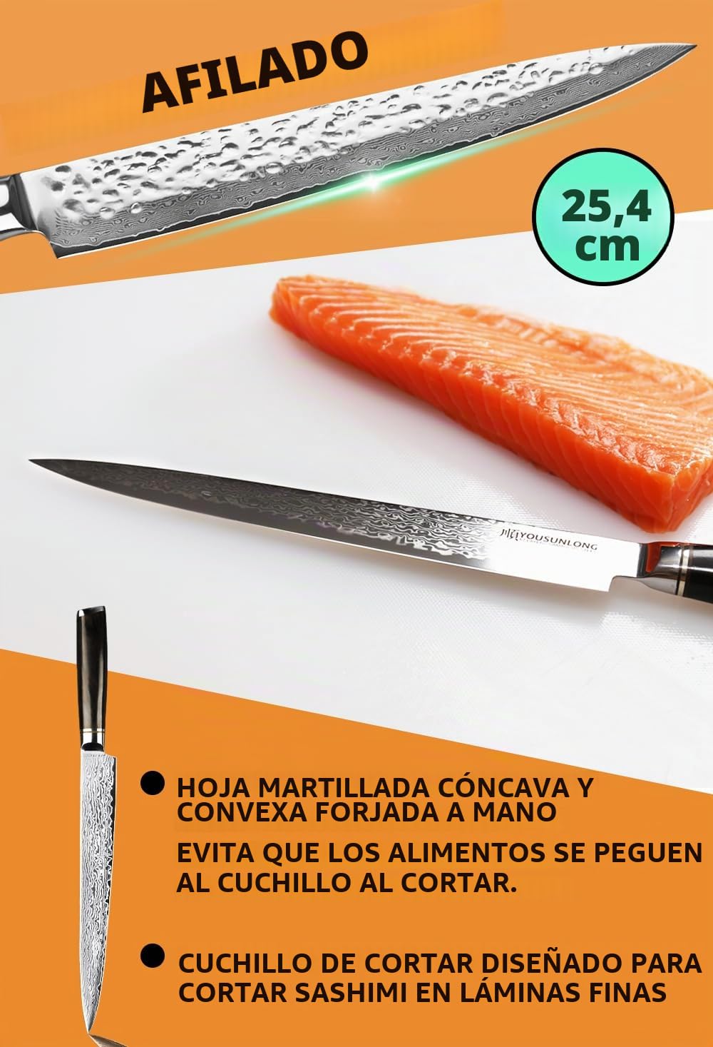 YOUSUNLONG Cuchillo Yanagiba de 245 mm - Cuchillo japonés de acero damasco para sushi y sashimi - Funda de madera de nogal y mango de ébano - Corte preciso de pescado, carne y aves