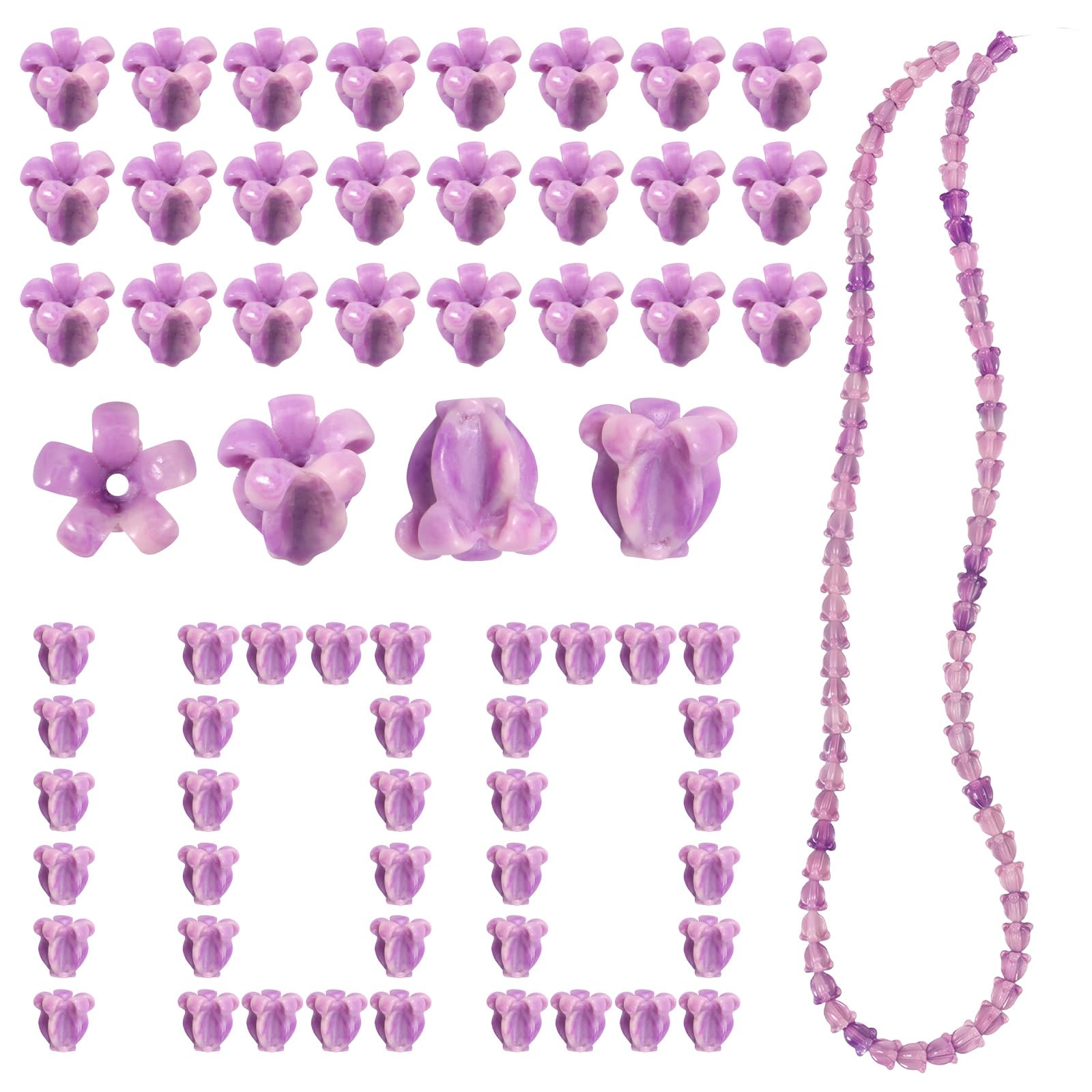 QINGLANG 100 Pcs Artificial Flower Beads for Jewellery Making 12mm Lily of the Valley loral Spacer Beads Resin Shell Bell Orchid Bud Charms for DIY Bracelets, Necklaces, Earrings and Crafts(Purple)
