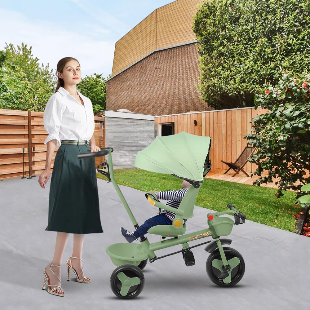 Triciclo bambini fino 25 kg, Passeggino con Maniglione regolabile, Bici, Sedile girevole Fronte Mamma e Strada, Cappottina pieghevole, Ruota libera,100 * 75 * 50 cm - Verde