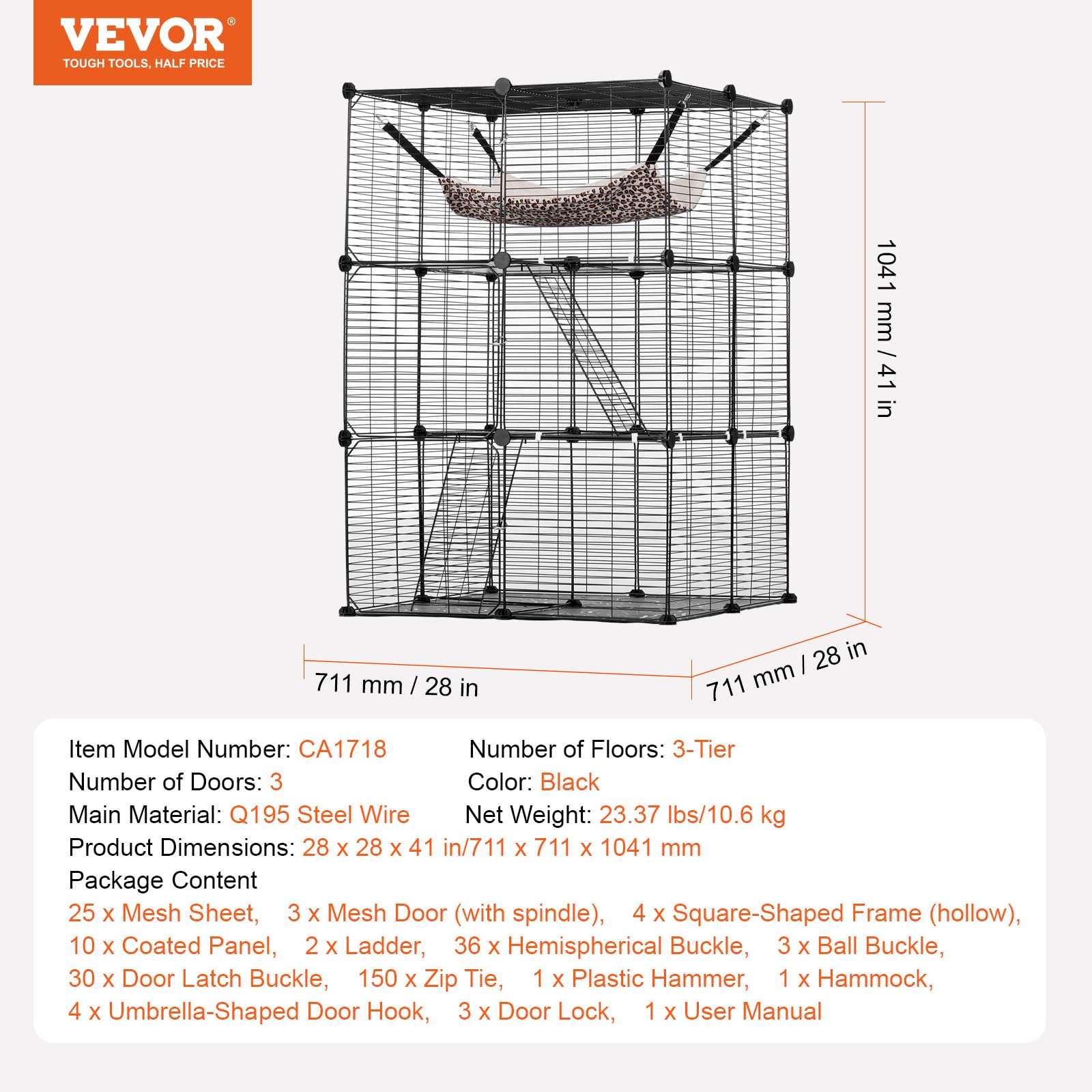 VEVOR Jaula Grande para Gatos de 3 Niveles 711 x 711 x 1041 mm, Recinto Duradero con Alambre de Metal Desmontable con Hamaca Grande y 2 Escaleras con Rampa para Gatos y Otros Animales Pequeños, Negro