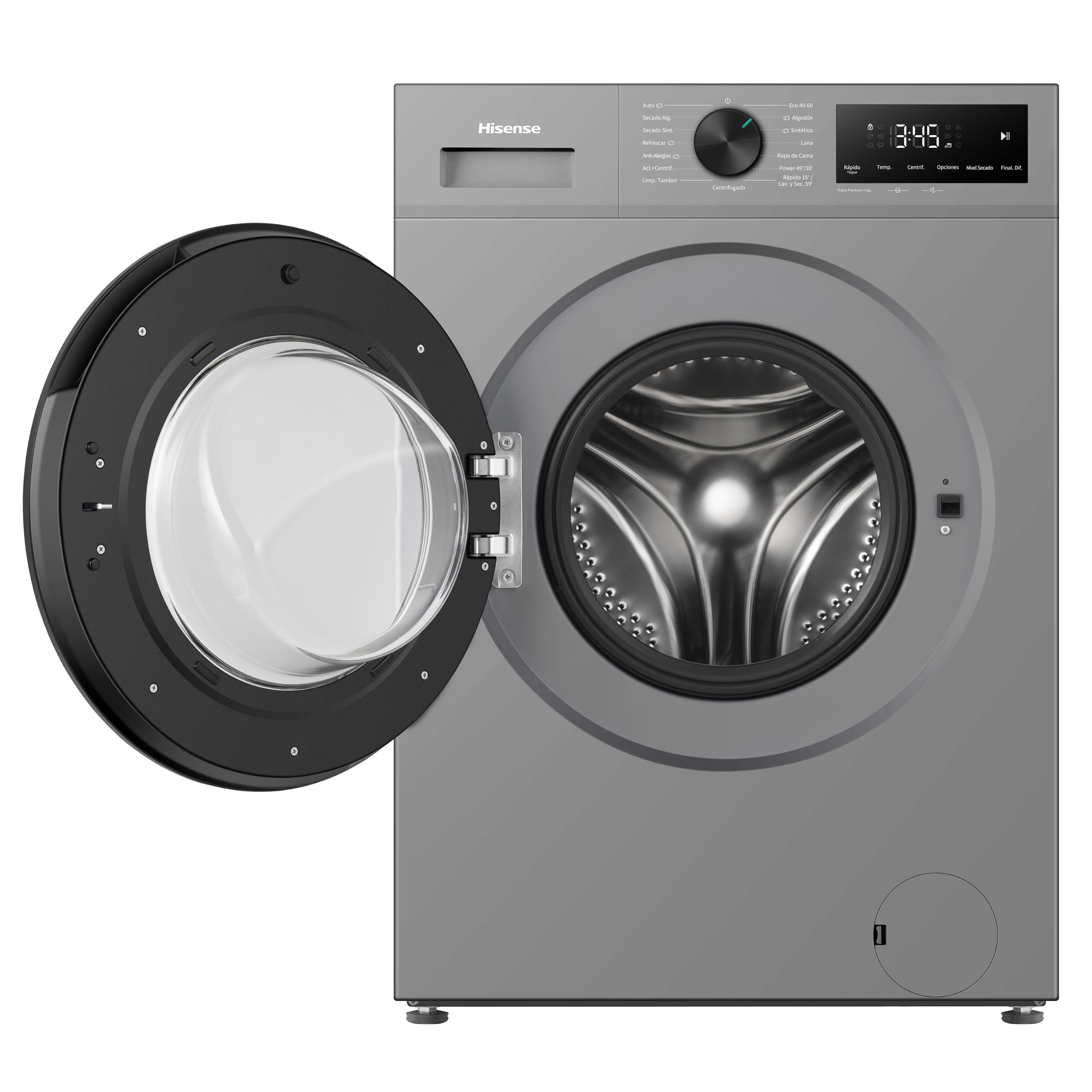 Hisense WD1I9042BTF2 - Lavasecadora 9 kg/5 kg, Fondo 47cm, 1400 rpm, Lavado y Secado 59', Dispensador Automix, Programa Lavado Auto, Función Antiarrugas, Lavado Pure Jet, Función Vapor 99,9%, Silver
