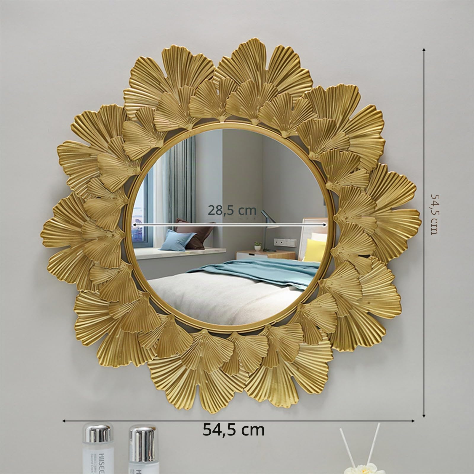 Espejo decorativo para el sol, metal, hoja de oro, espejo redondo para baño, diámetro exterior 37 cm, espejo de 15 cm (dorado)