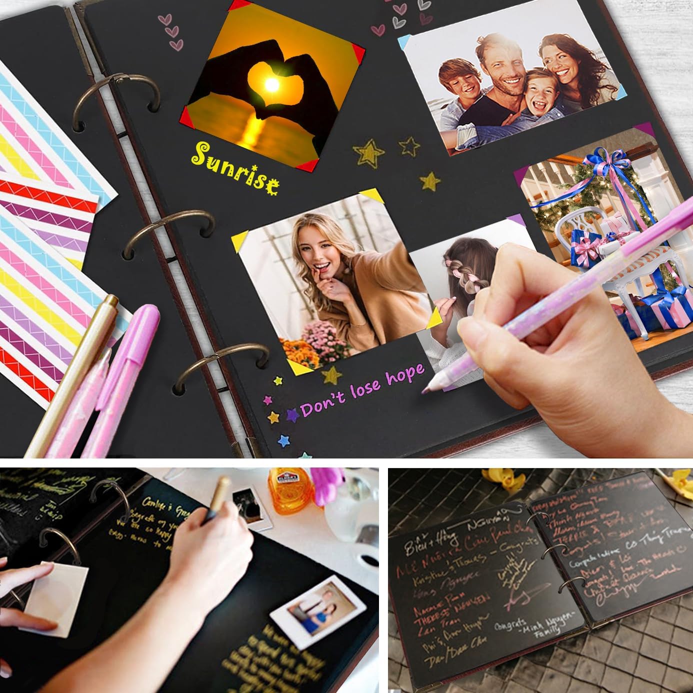 Photo Album DIY Scrapbook, 10x10 inch 50 Pages Double Sided, Vintage Leather Cover Three-Ring Binder Family Picture Booth + 9 Color 408pcs Self Adhesive Photos Corners for Memory Keep, Forever