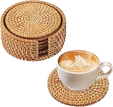 Set of 6 Rattan Coasters with Holder - Wood Heat Resistant Coffee Drink Coasters - Natural, Handmade for Home, Restaurant, Farm