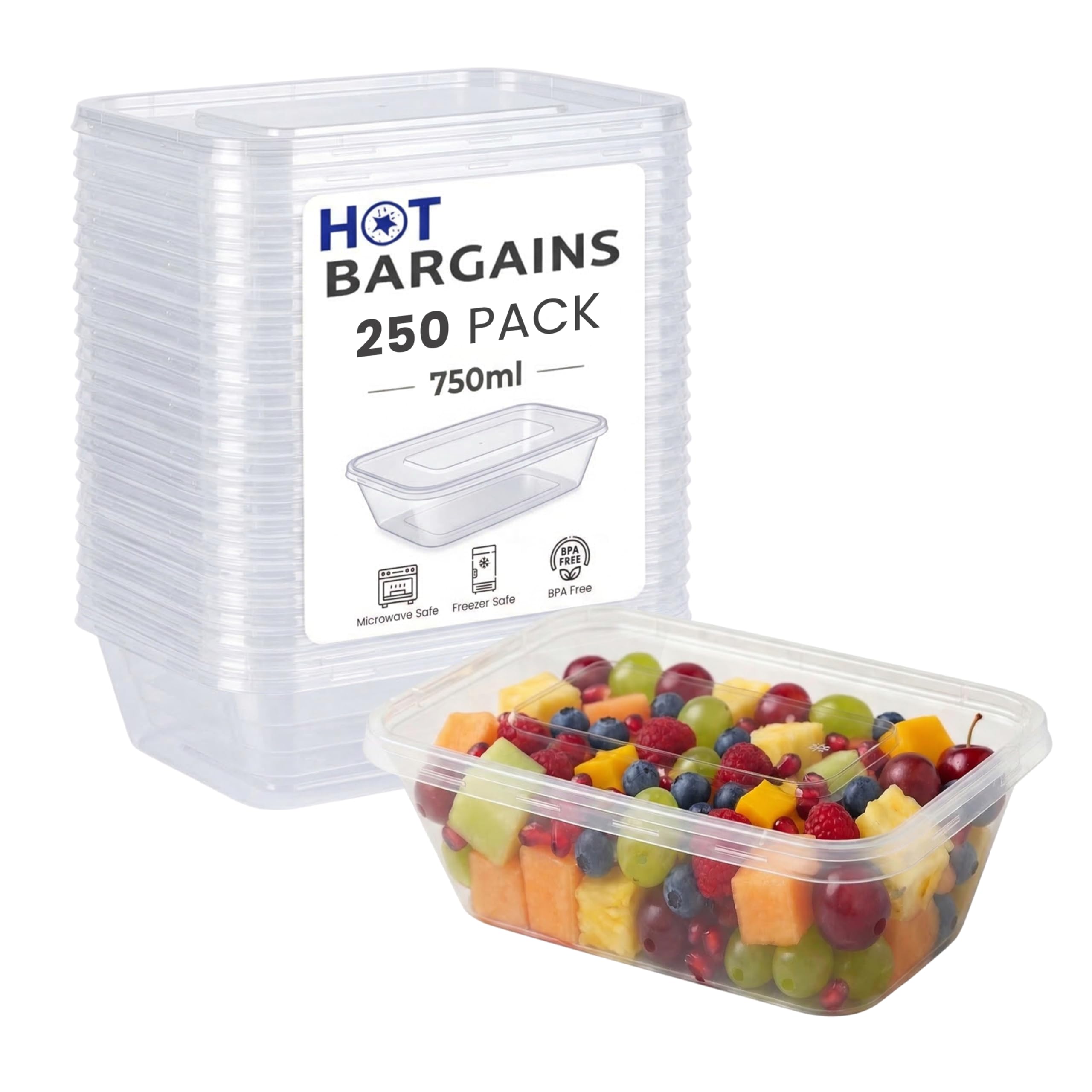 HOT BARGAINS 750ml Rectangular Food Storage Containers with Lids, Pack of 250, BPA-Free Plastic, Microwave and Freezer Safe (250, PLS01, Rectangular, 750, Millilitres)