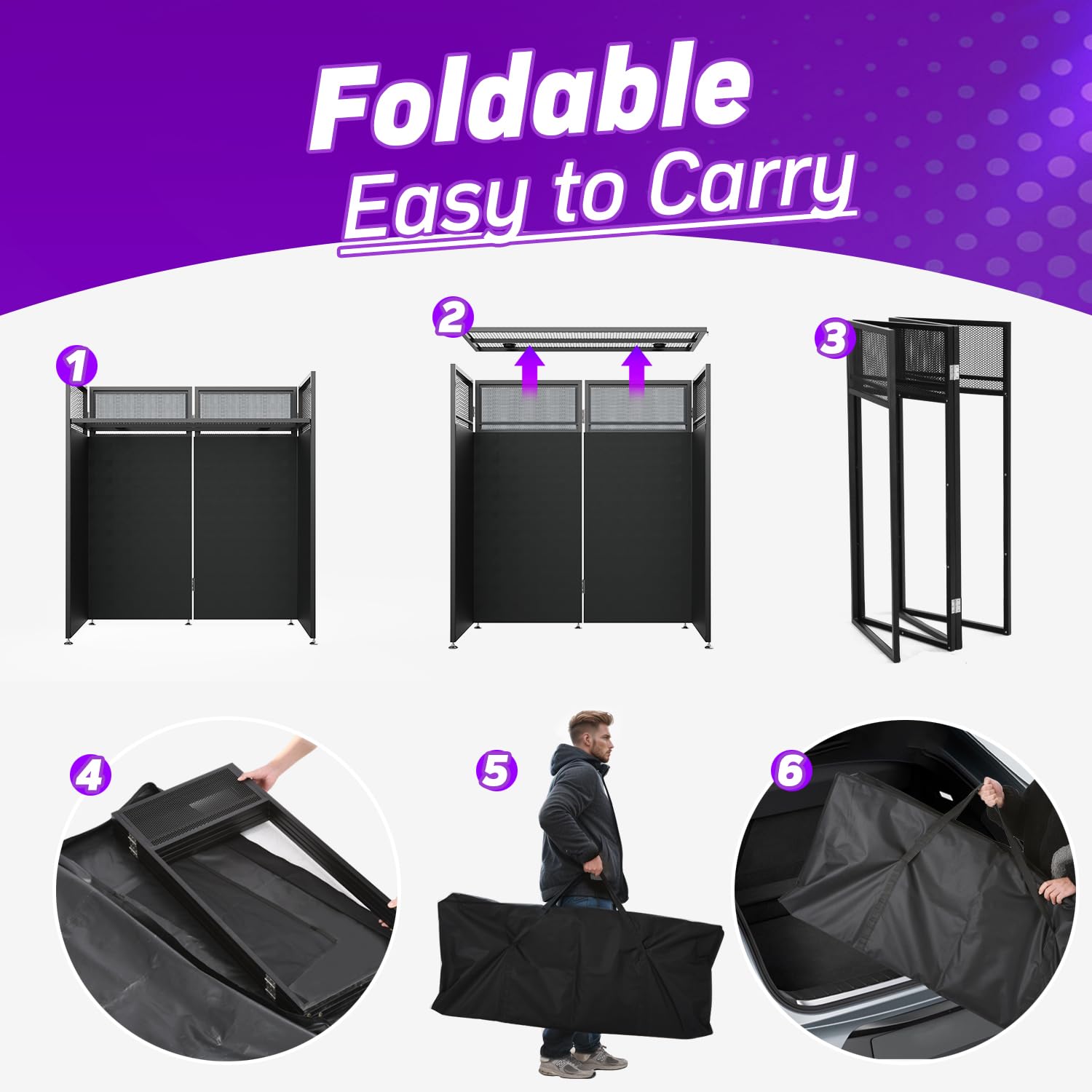 YooKoo Cabina de DJ plegable para un montaje rápido y sin herramientas, mesa de DJ con malla blanca y negra, marco de metal, soporte de DJ con agujero para cable, almohadilla antideslizante y bolsa de
