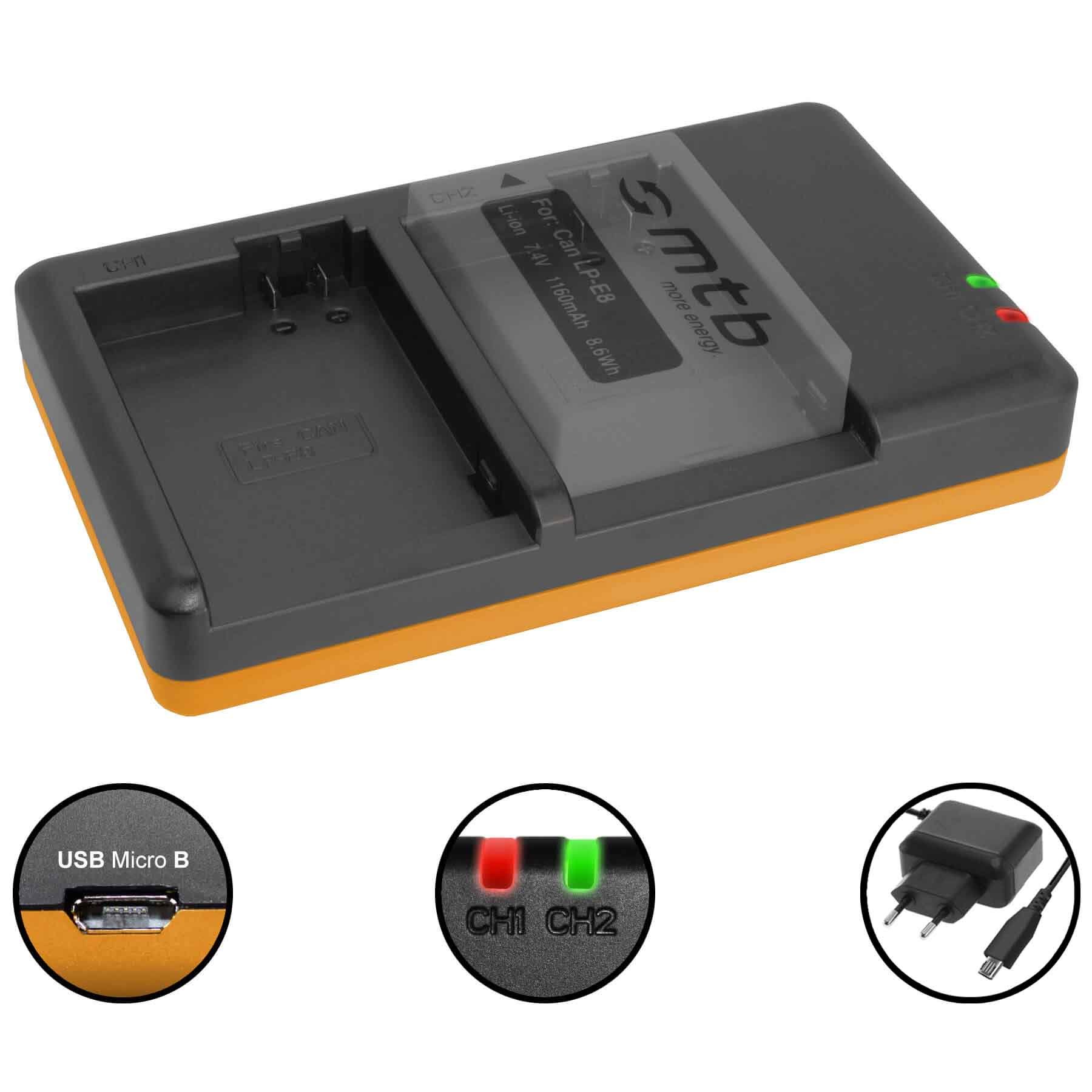 Caricabatterie Doppio USB Per Canon LP-E8: EOS 550D, 600D, 650D, 700D, Rebel T2i-T5i, Con Alimentatore 2A