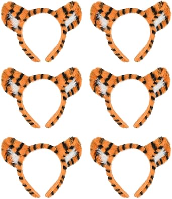 Tiger Ear Headbands, Orange and Black Striped Plush Costume Accessories, Party Favors, 6 Pack