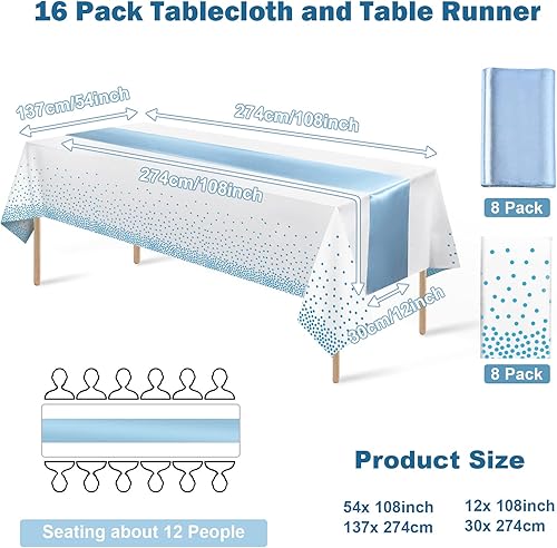 Miniatura 2 de Juego de 16 manteles de plástico desechables y camino de mesa de satén, mantel de punto blanco y azul claro, camino de mesa de satén azul para boda,