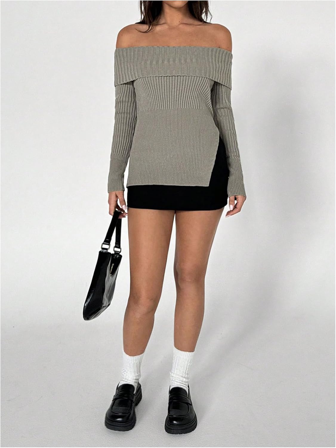 MakeMeChic Women's Off The Shoulder Long Sleeve Sweater Rib Knit Split Slim Fitted Y2K Pullovers - Image 6