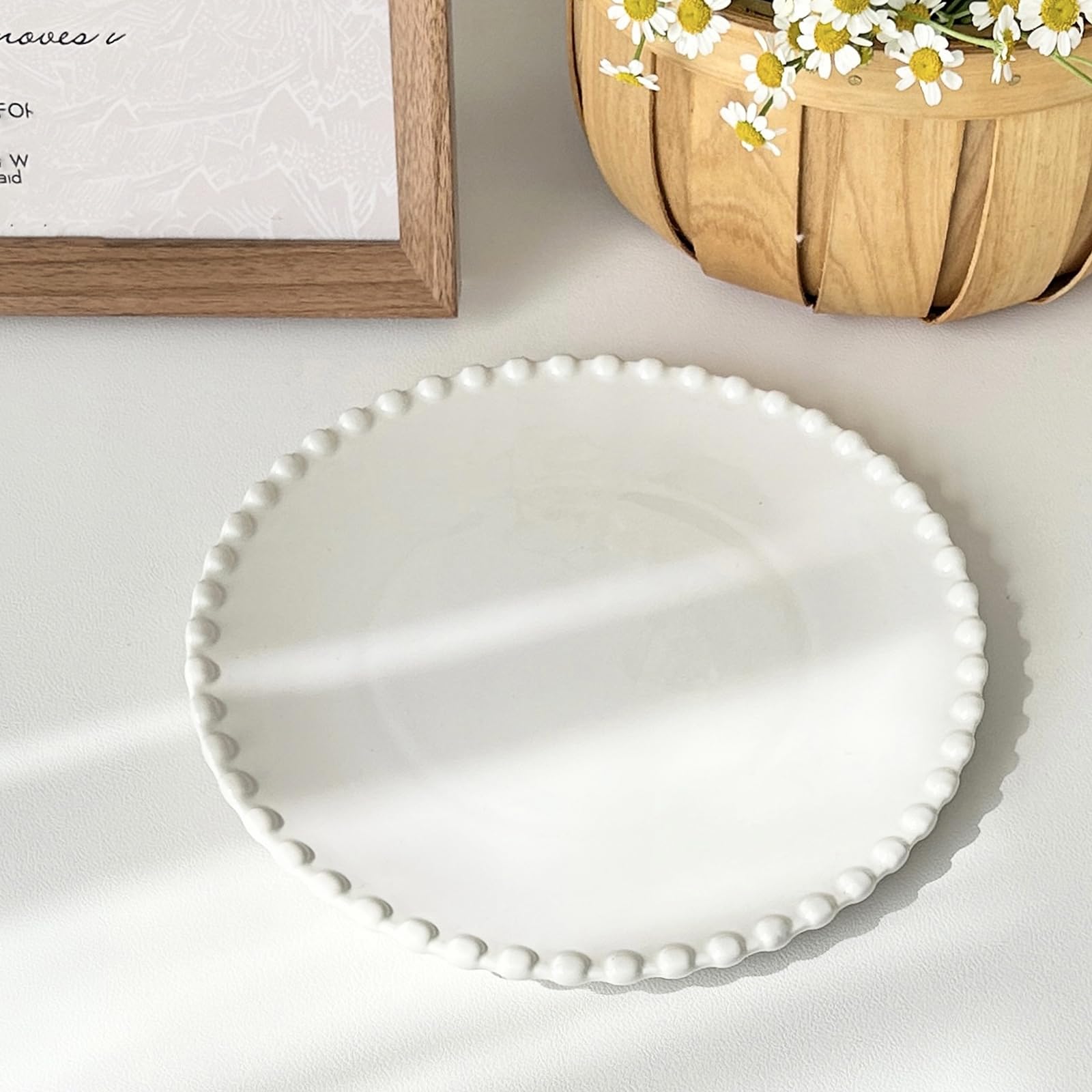 2 piatti rotondi da dessert, piatti da insalata in ceramica, 19,1 cm, piatti piani piccoli bianchi con bordo perlato, piatti per cena/frutta/snack, ideali per compleanni, feste, campeggio