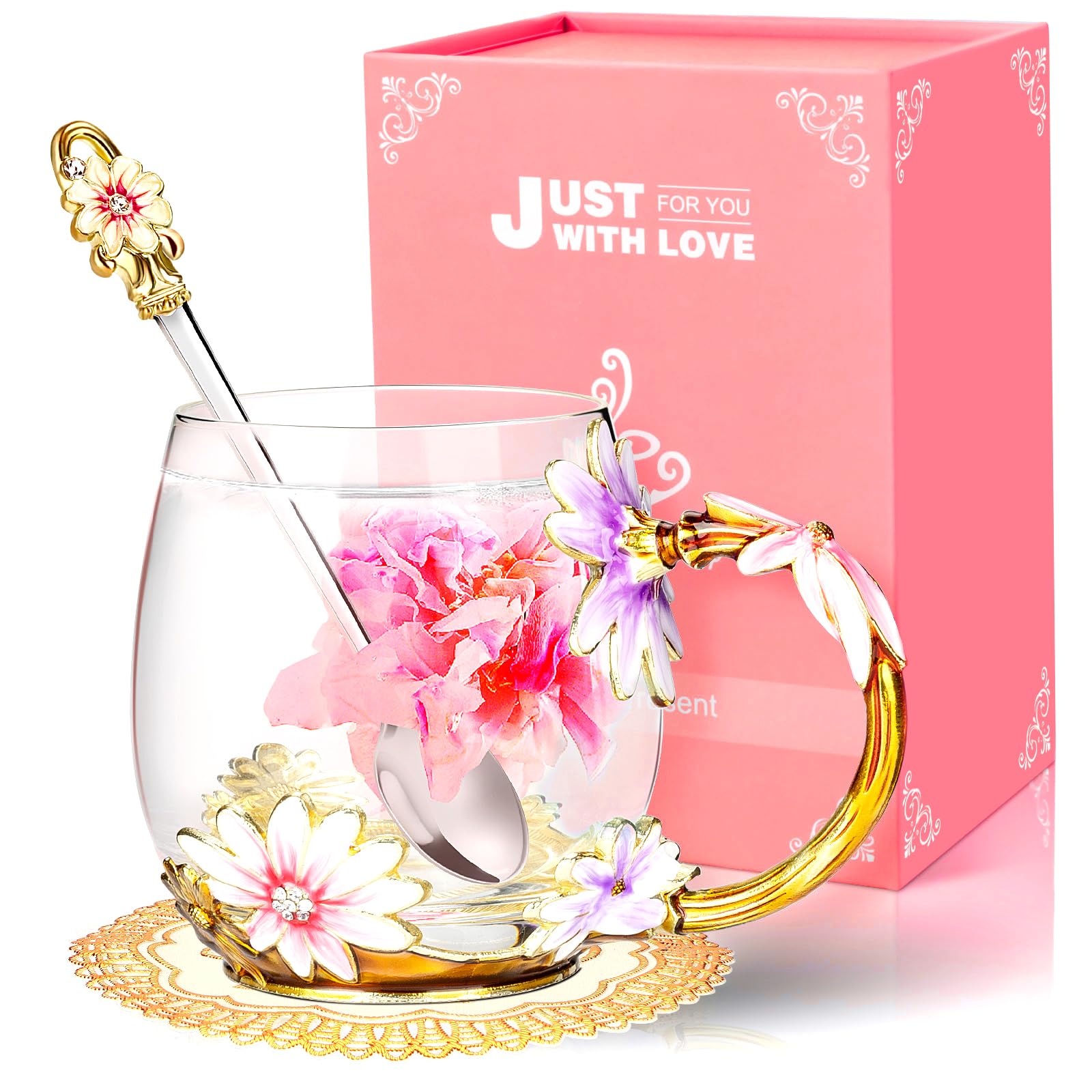 Wisolt Birthday Gifts for Women Mothers Day Gifts for Her Mom Grandma Teacher Friend Anniversary Christmas Valentines Day Glass Coffee Mug with Spoon