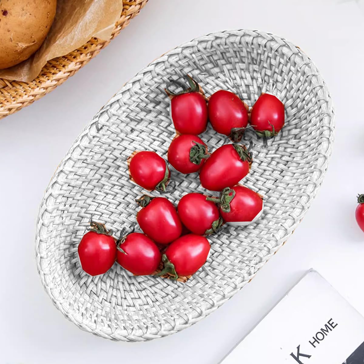 i-lan Cesta para servir pan de ratán tejido blanco lavado, cuenco ovalado de mimbre natural, cesta decorativa de almacenamiento de alimentos para pan, aperitivos, dulces, frutas (S: 10 pulgadas)