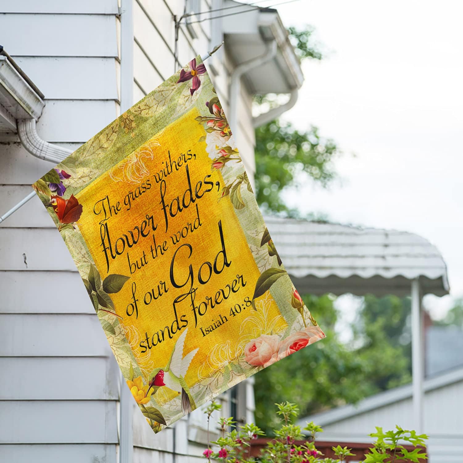 America Forever Bible Verse House Flag - 28 x 40 inch -Isaiah 40:8 God Stands - Christian Quotes Religious Outdoor Yard Decorative Inspirational Faith Flag