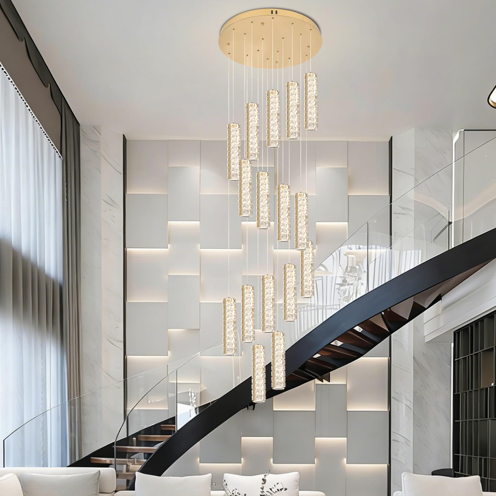 diisunbihuo 16 Light Crystal Staircase Chandelier, Dimmable 3CCT LED Cluster Pendant with Remote Control, Adjustable up to 3m, Copper Gold Tone, Modern Ceiling Light for Foyer, Stairwell, High Ceiling
