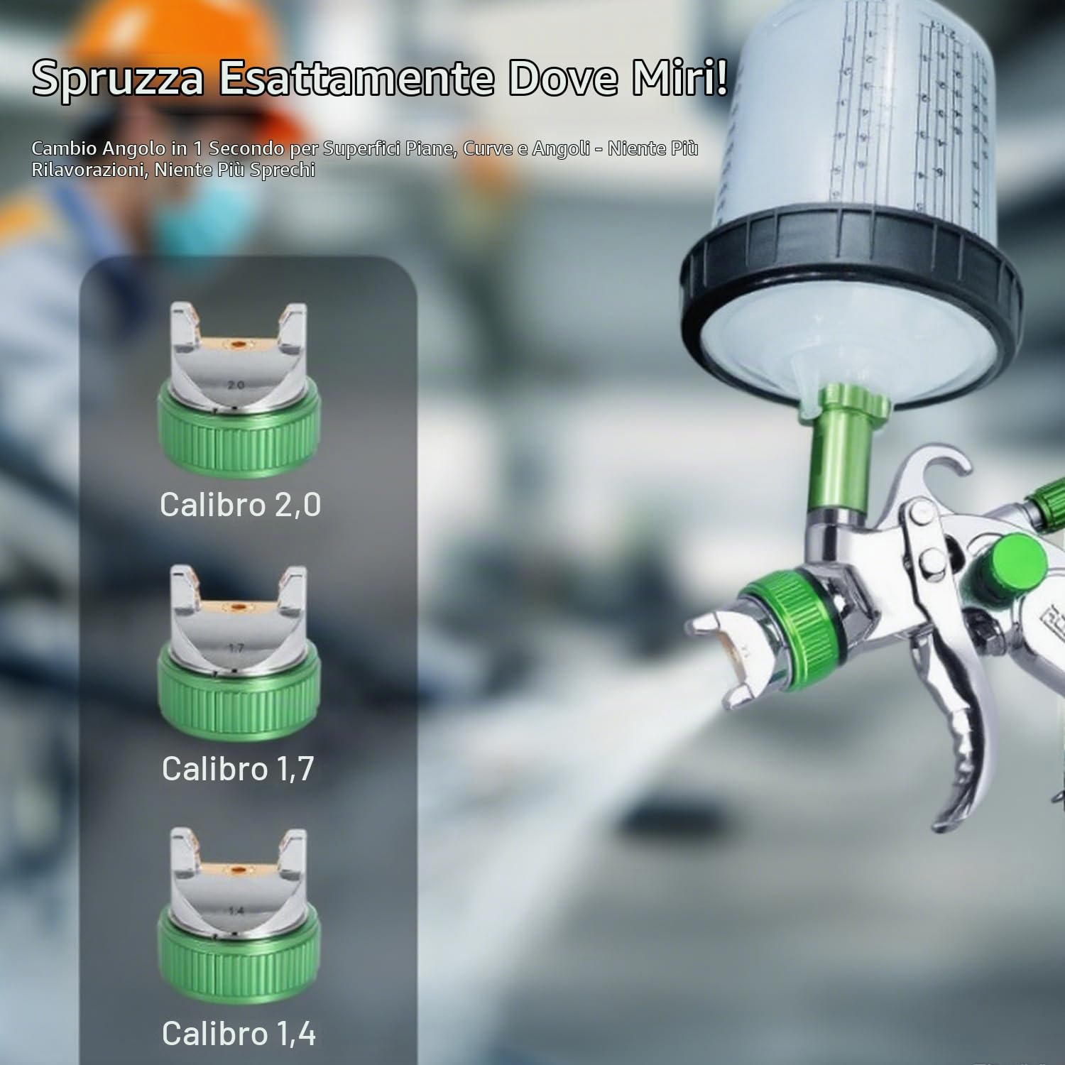 Pistola per Verniciare Pneumatica con 10 Tazze Colorate - Pistola a Spruzzo per Verniciare per Carrozzeria Auto, Kit Completo con 3 Ugelli e Manometro (Verde)