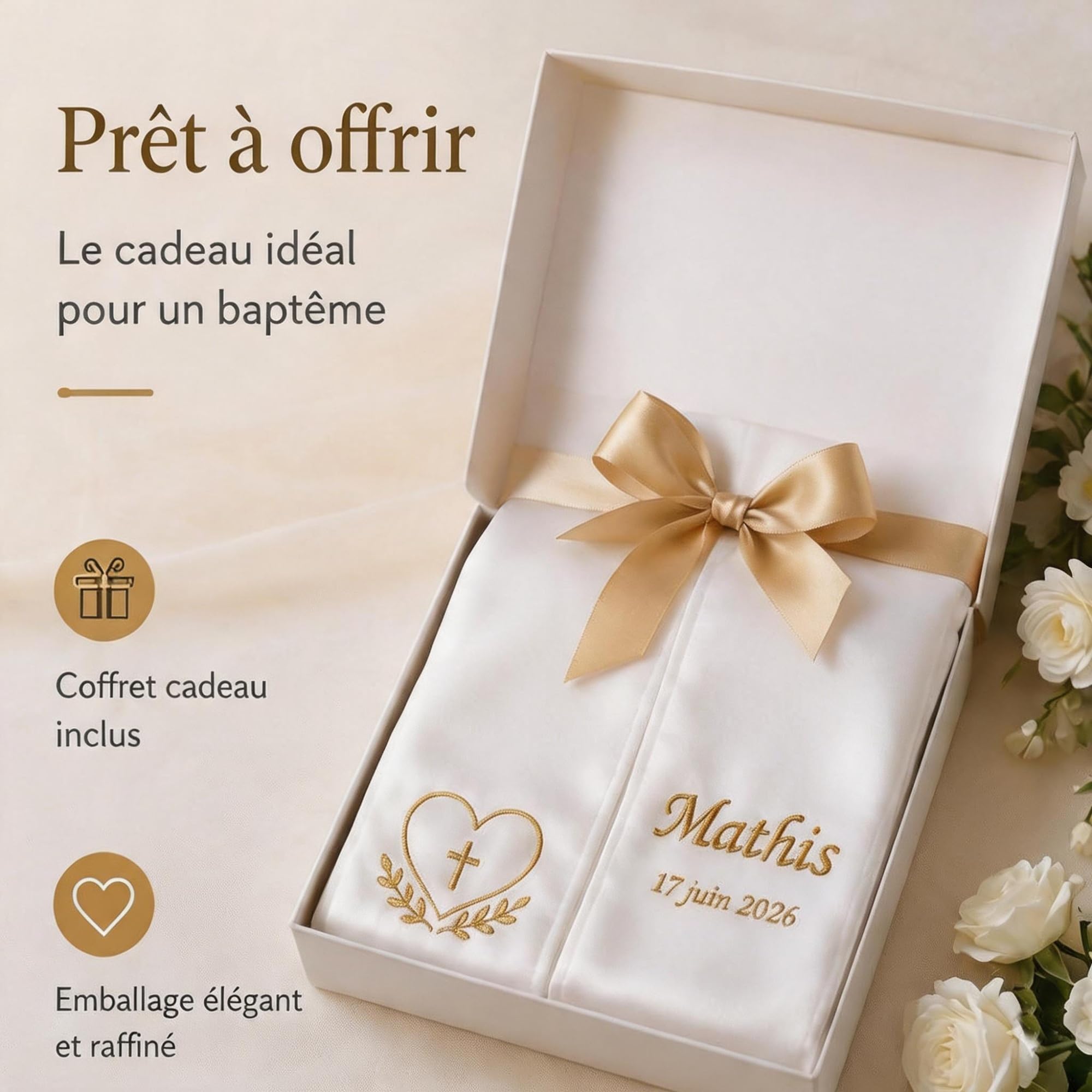 Étole de Baptême Personnalisée 15x120cm | Écharpe Blanche Satinée Brodée Prénom Date | Motifs Religieux au Choix | Coffret Cadeau Bébé Enfant