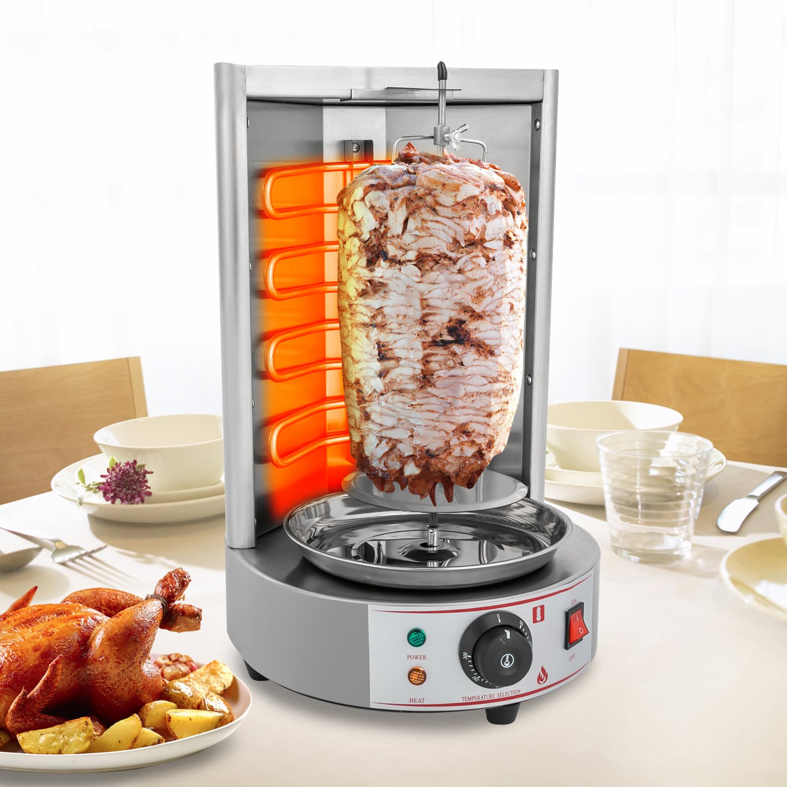 Griglia per döner per la casa, per il pollo, girarrosto e kebab verticale, in acciaio inox, con distribuzione del calore a 360°, capacità 8 kg, per barbecue verticale a gas/elettrico, per