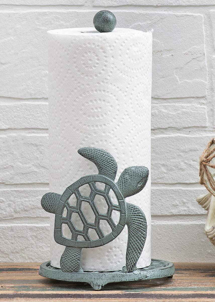 BLACK FOREST DECOR Patina Sea Turtle Metal Paper Towel Holder – Cast Iron Coastal Kitchen Accent, 6.7" Dia x 13" H