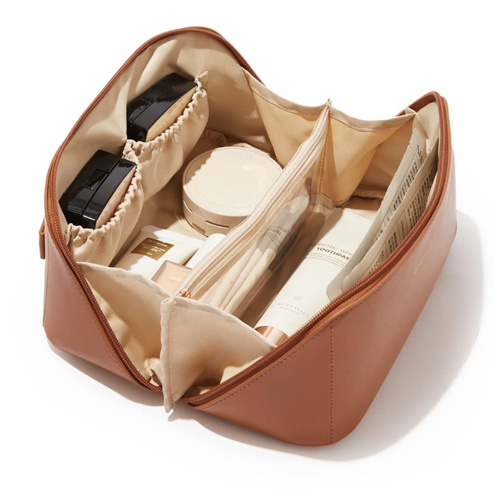 Omvi Travel Makeup Bag for Women - Large Capacity Cosmetic Pouch with 6 Compartments, Waterproof PU Leather Makeup Organizer with Wide Opening & Easy Carry Handle (Brown)-image-32