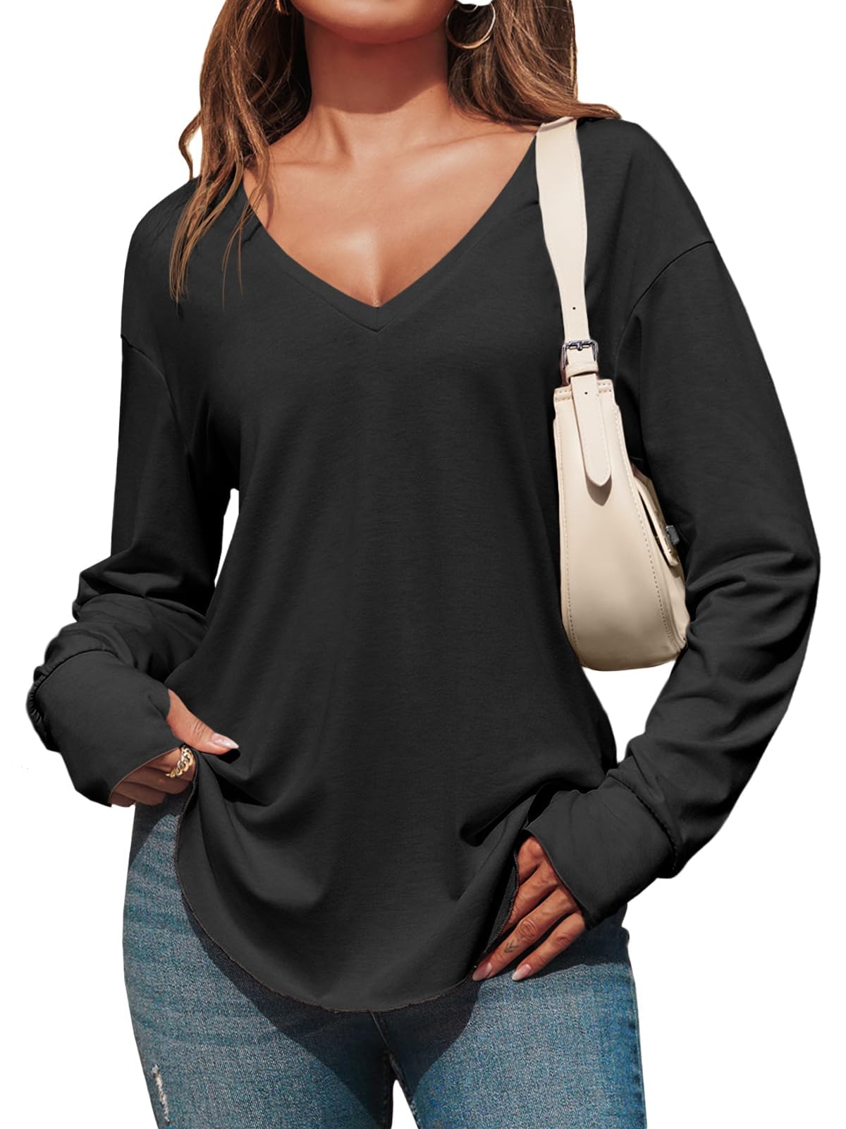 Photo 1 of (Large)Tankaneo Womens Deep V Neck Tunic Tops Long Sleeve Oversized Casual Loose Fit Curved Hem T Shirts Black