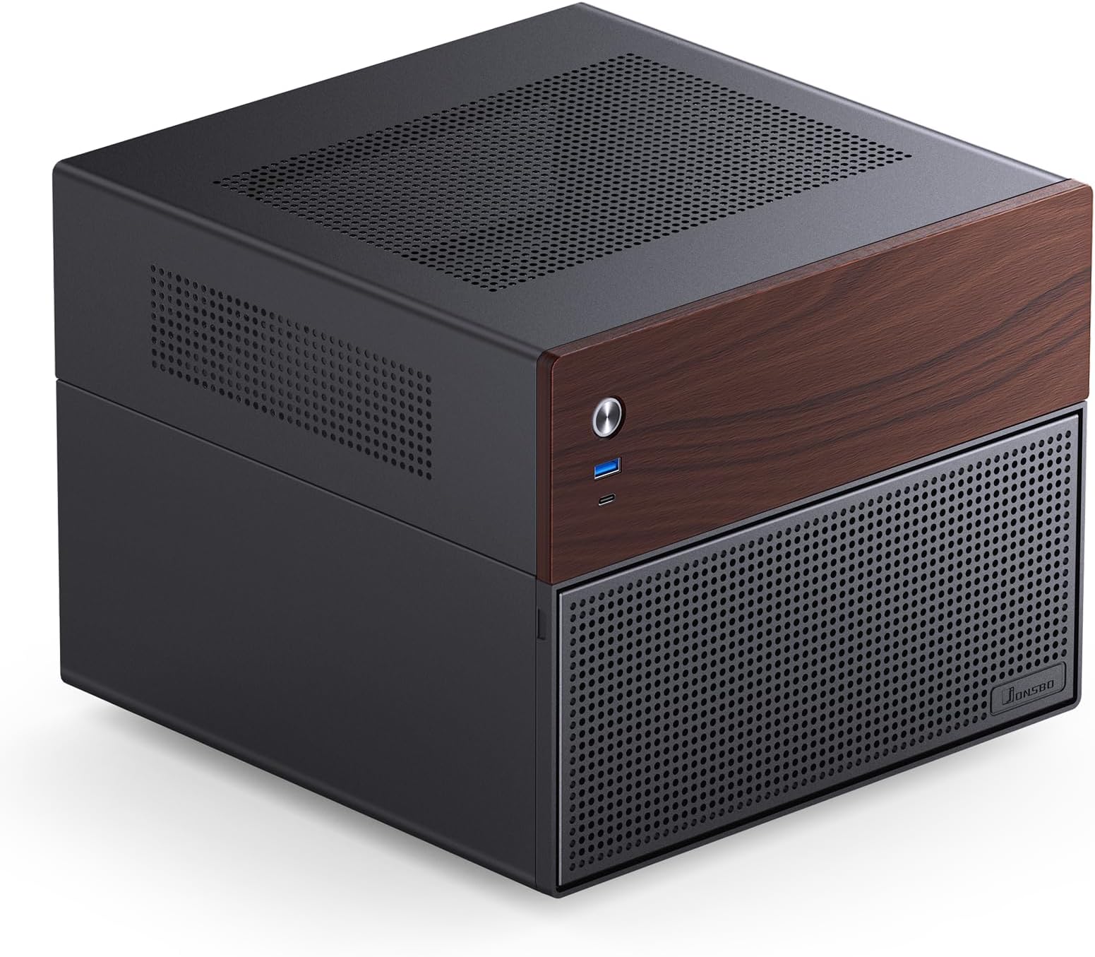 JONSBO N4 Black NAS PC Case, Walnut Wood, 8 Drive Bays/6 x 3.5" HDD (4 Hot-Swap, 2 Without Hot-Swap), 2 x 2.5 SSDs, Micro ATX Chassis, USB3.2Gen2Type-C, 1x120mm Fan Built-In Black