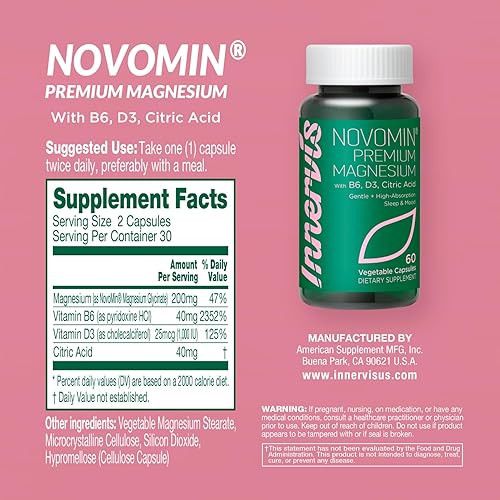 Miniatura 8 de Complejo de glicinato de magnesio 60 cápsulas con vitamina B6, D3, suplemento de ácido cítrico para músculos, huesos, sueño, energía