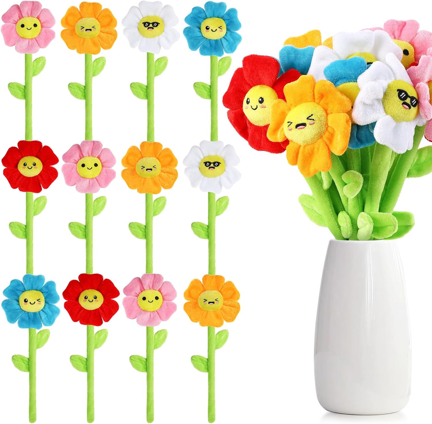 18 Pcs Plush Smile Flower Stuffed Bendable Stems Plush Bouquet Toy Soft Floral 12.6 Inch for Graduation 2026 Mother's Day Valentines Day Girl Girlfriend Wife Family and Friends(Elegant Style)