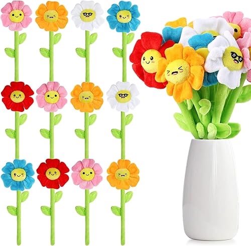 18 Piezas de Flores de Peluche Sonrientes Rellenas con Tallos Doblables, Juguete de Ramo de Peluche Suave Floral de 12.6 Pulgadas para Graduación