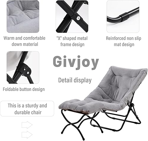Miniatura 5 de Cómoda silla plegable con otomana, silla plegable de piel sintética de gran tamaño, silla suave y peluda con marco de metal, silla de luna para