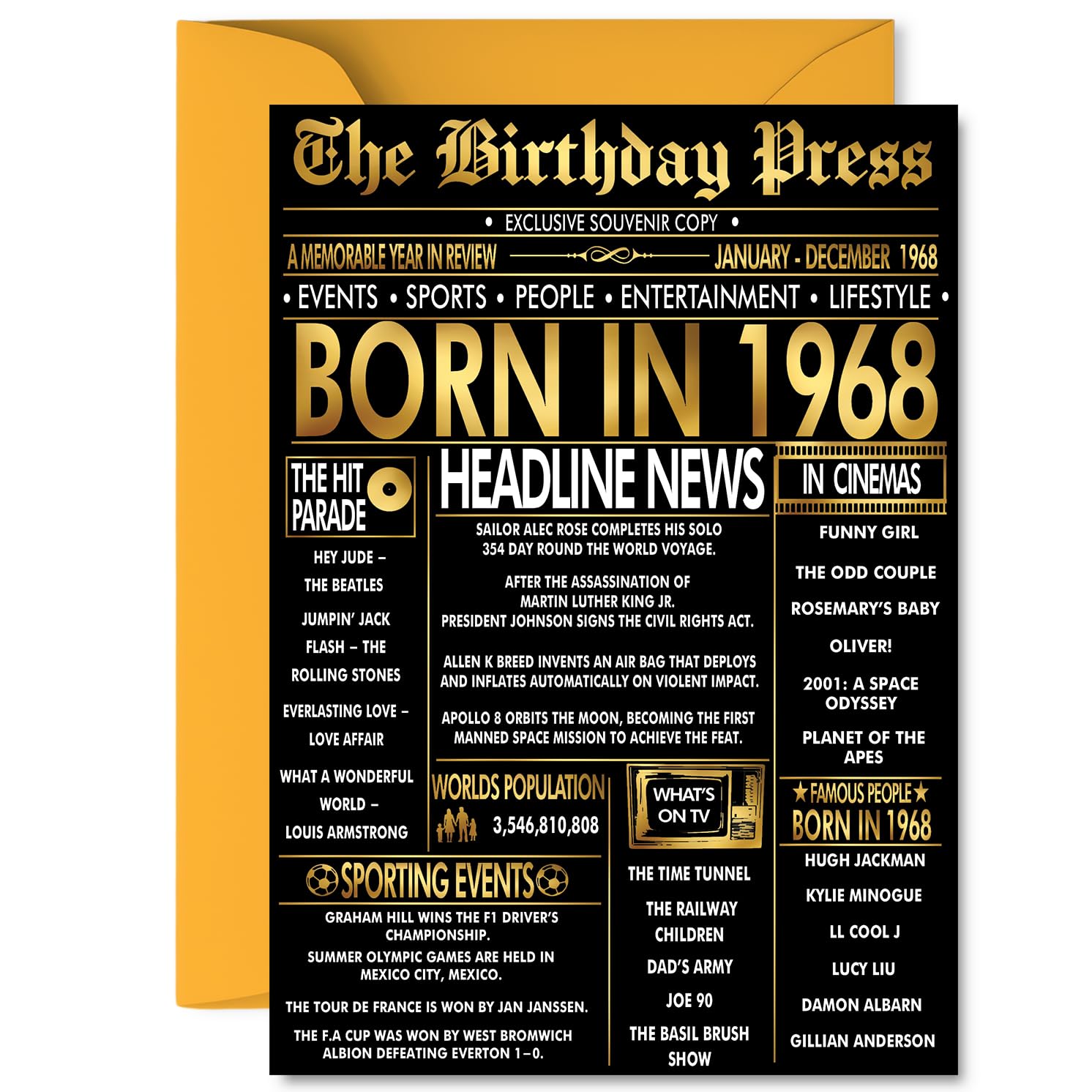 Gold 58th Birthday Card for Men Women - Black & Golden Newspaper Born in 1968 - Happy 58 Birthday Cards for Brother Nan Colleague Grandma Auntie Daughter, A5 Bday Greeting Cards