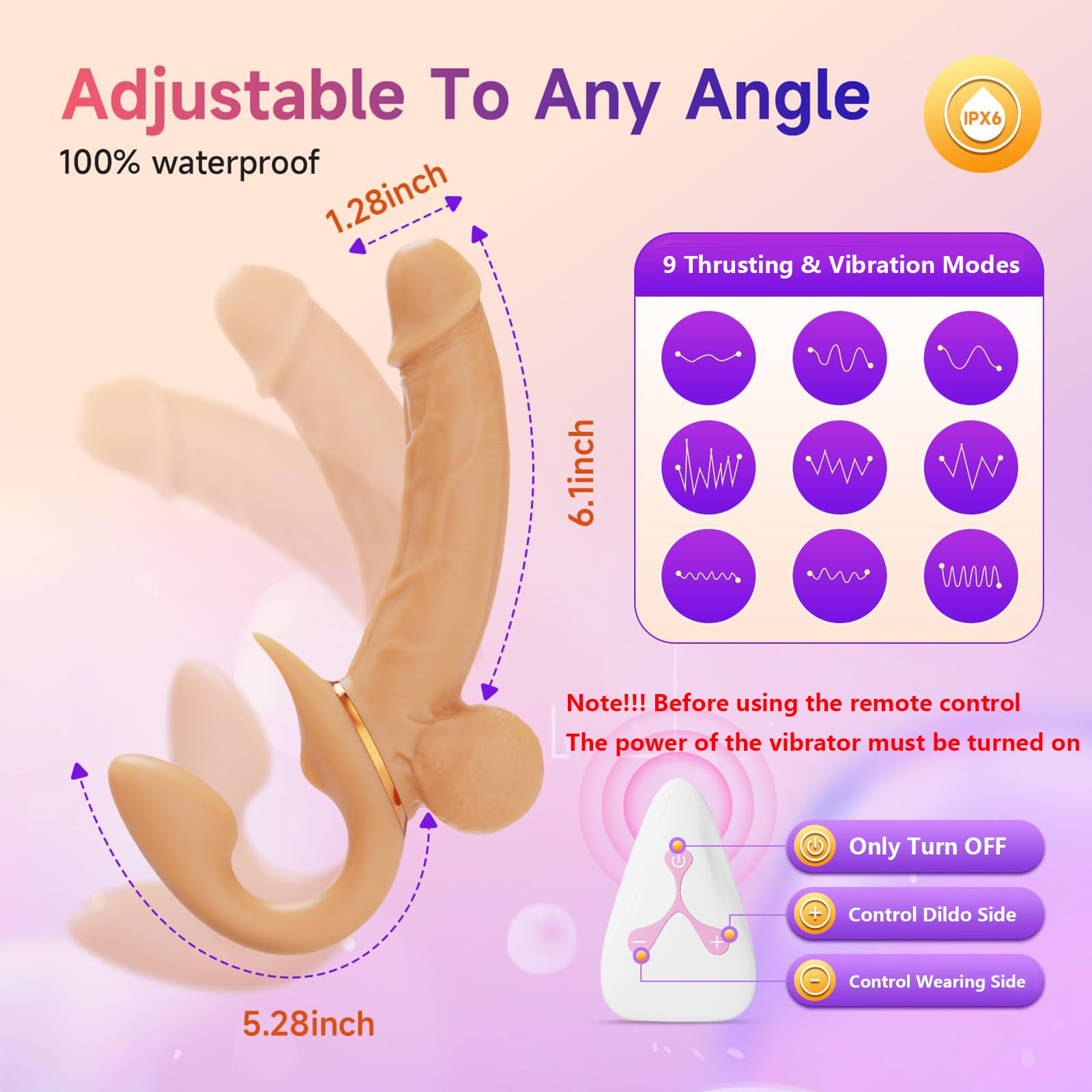 Strapon Doble Dildo Realista, Double Dildo Arnés Para Mujeres 9 Modos de Vibración Y 9 de Empuje G Point Anal Stimulator Silicone Dildos Sex Toy Para Hombres Y Parejas (A-Empuje)