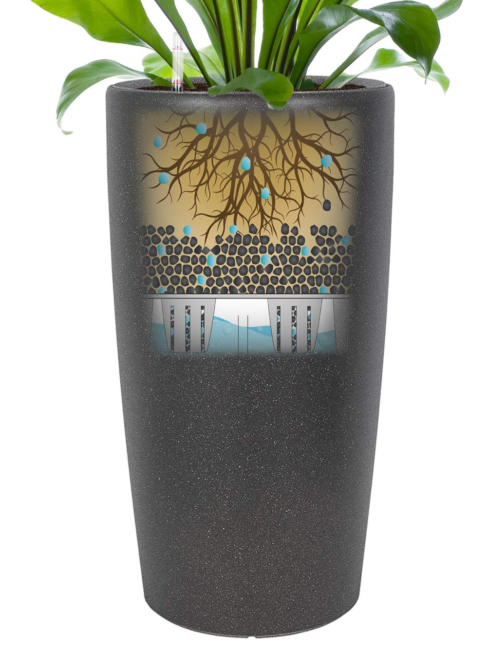 Pflanzwerk® ÖKOSYSTEM Donica na rośliny PIPE – doniczki z systemem nawadniania, 78 cm, Ø 40 cm, granit, antracytowa, do użytku wewnątrz i na zewnątrz, ochrona przed promieniowaniem UV, jakość premium