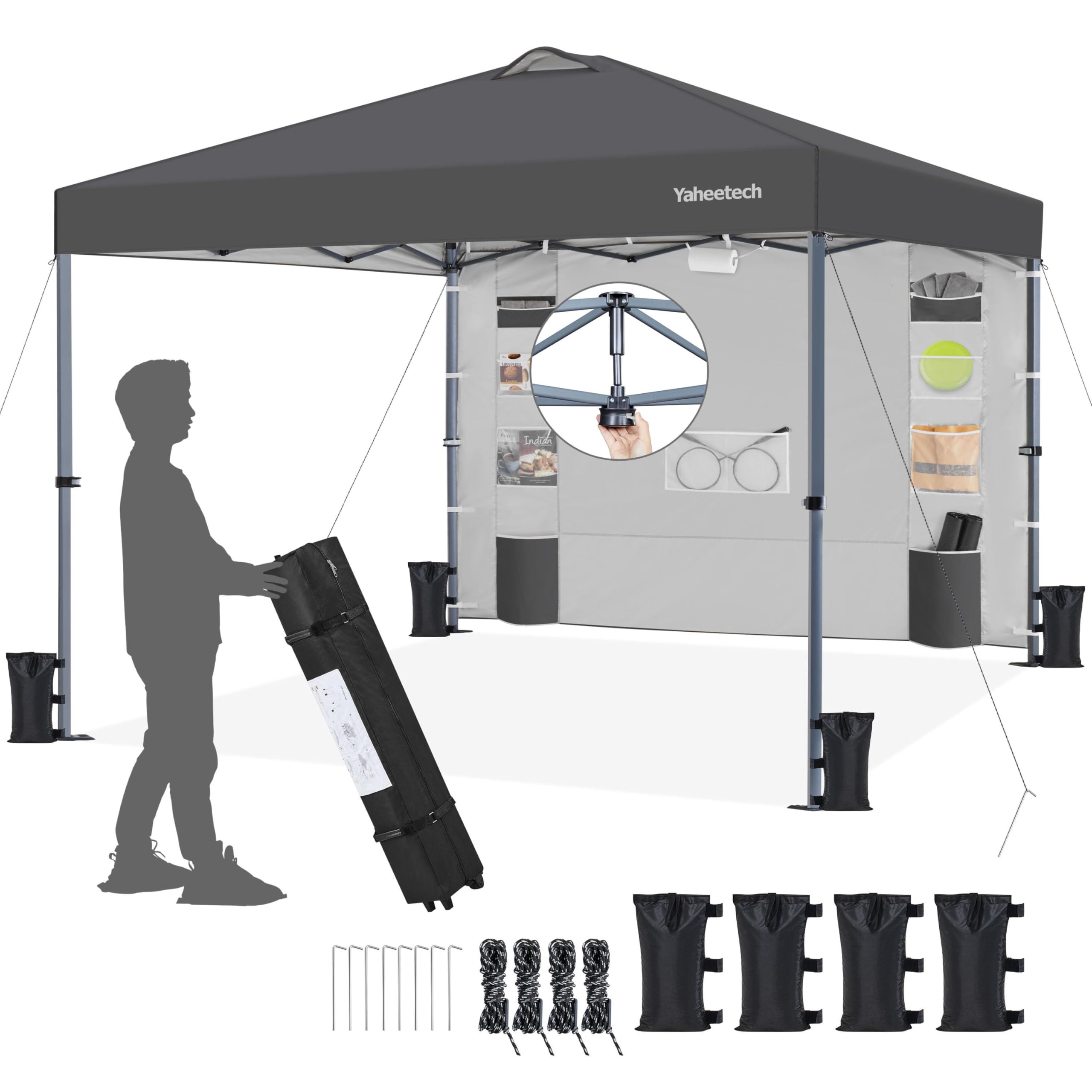 Yaheetech 3x3M Pop Up Gazebo with 9 Storage Pockets Sidewall, Commercial Shade Shelter, Waterproof Awning Canopy with Roller Bag & Sandbags for Garden Party Outdoor Camping Beach, Dark Grey