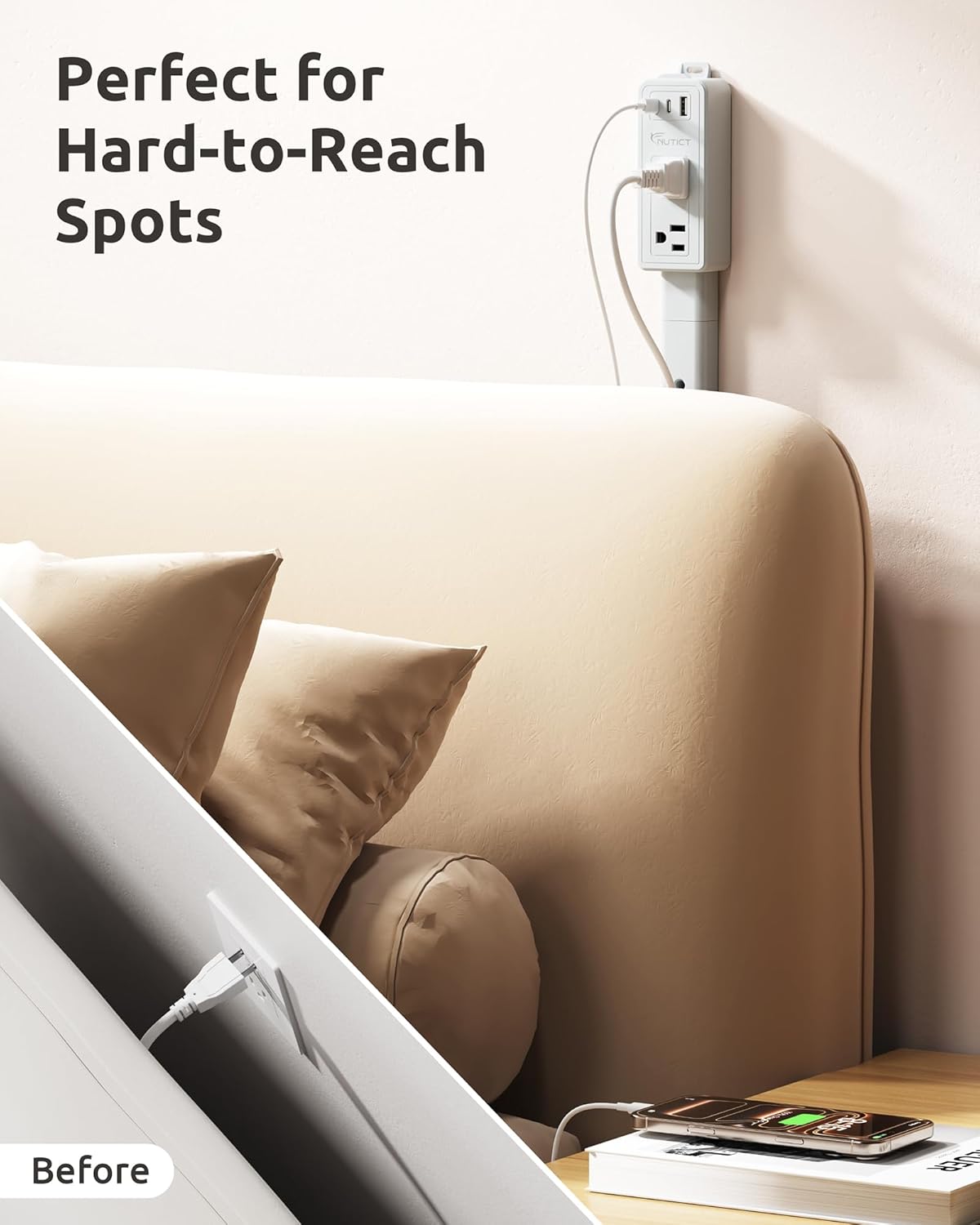 NUTICT Electrical Outlet Extender Stick, 2 AC Outlets & 2 USB-C & 1 USB-A Port, Free Assembly & Flexible Extends 6"-34", Access Hard-to-Reach Outlets Behind Couches, Nightstands, Beds, Desks, Grey